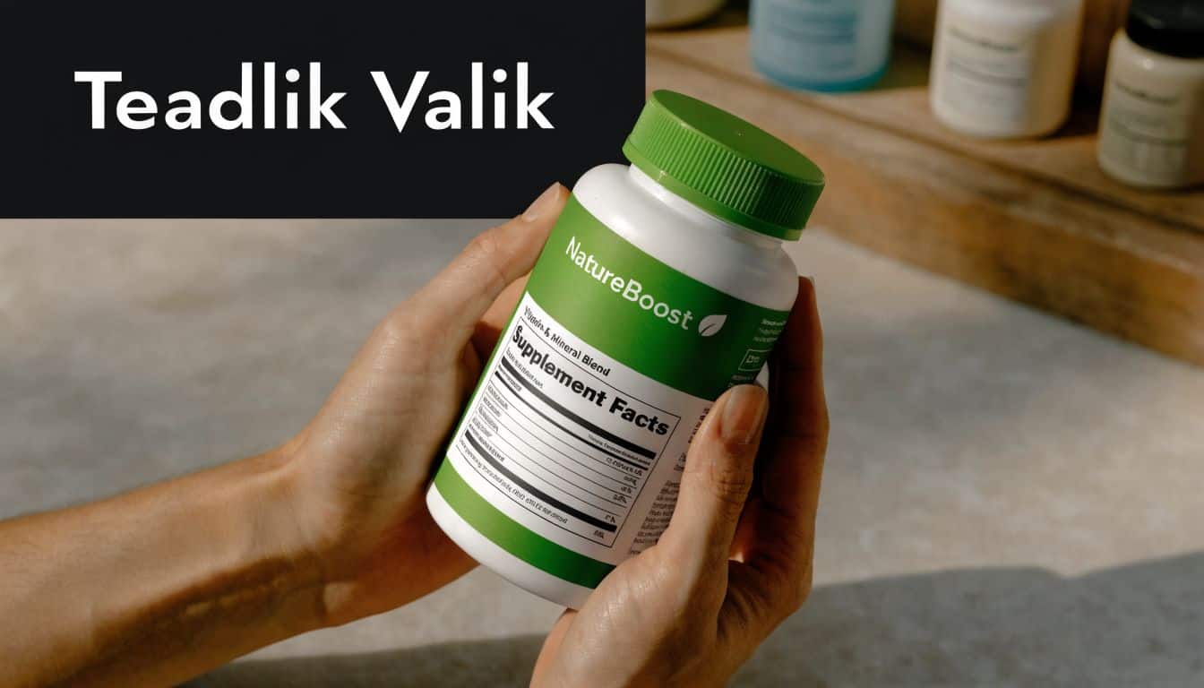 Käed hoiavad käes NatureBoost toidulisandite pudelit, millel on märgitud vitamiinide ja mineraalide segu toitumisalane teave.