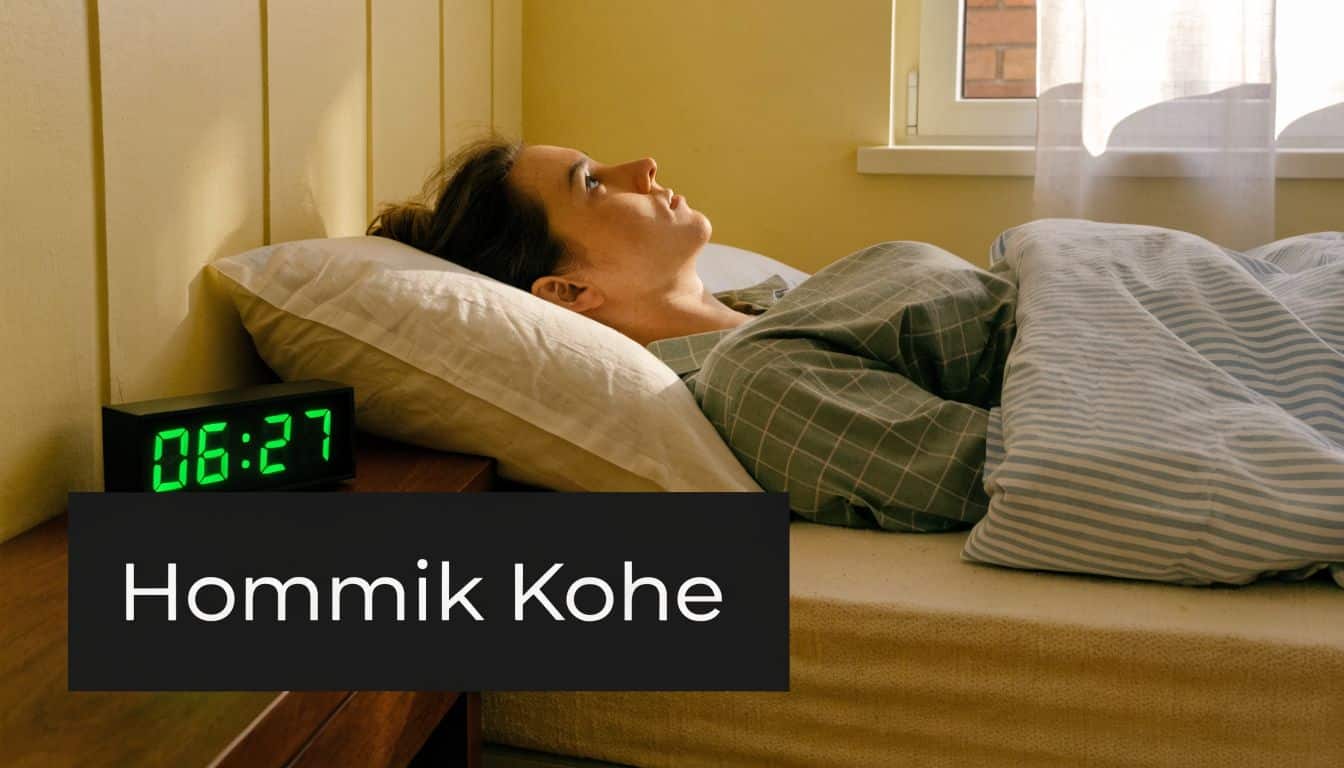 Naine lamab voodis ja vaatab äratuskellale, mis näitab kellaaega hommikul kell kuus kakskümmend seitse.