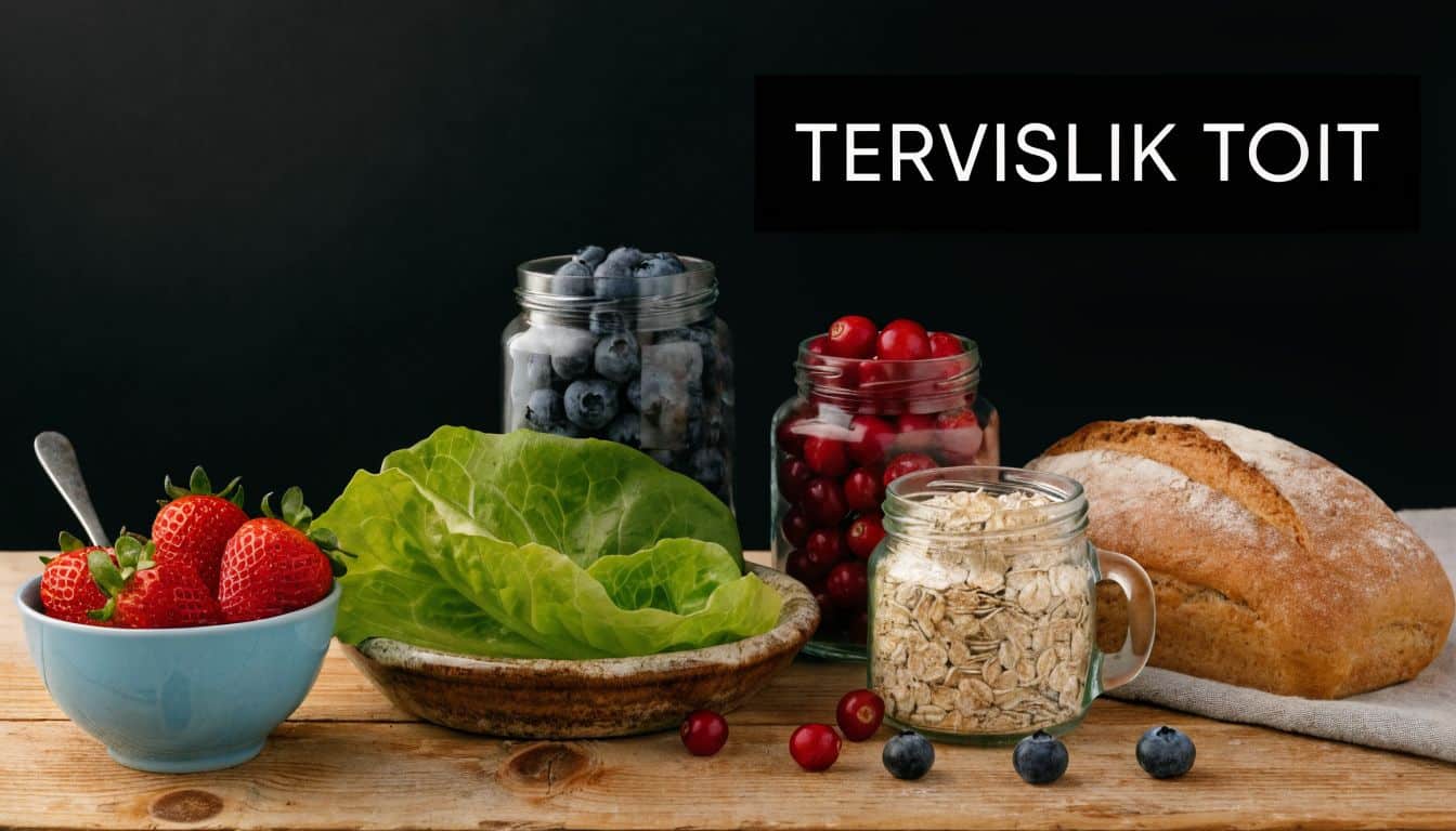 Laual on tervislikud toidud, sealhulgas värsked maasikad, mustikad, jõhvikad, kaerahelbed, lehtsalat ja päts värsket leiba.