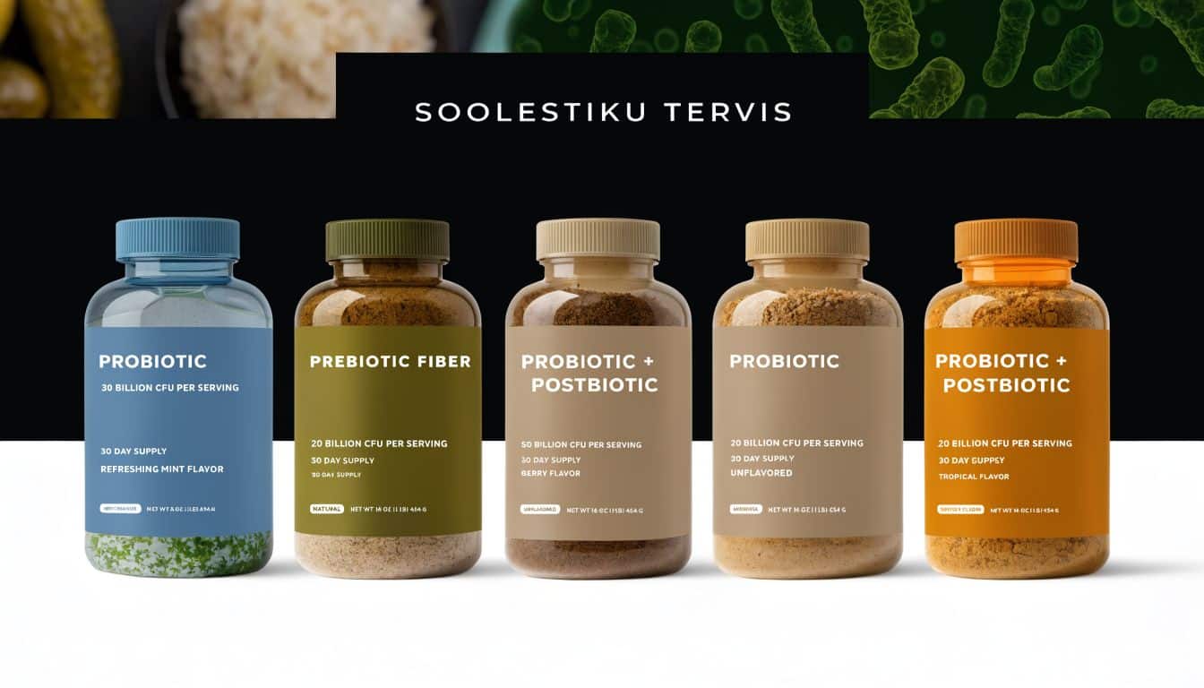 Viis erinevat purki probiootikumide ja prebiootikumidega, mis toetavad soolestiku tervist ning sisaldavad looduslikke koostisosi igapäevaseks tarbimiseks.