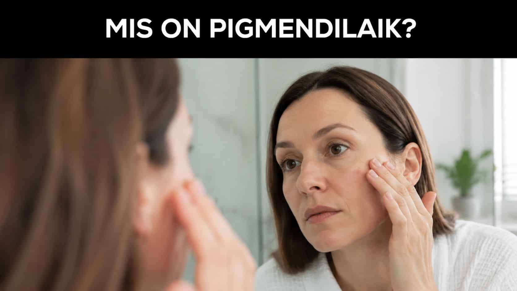 Naine vaatab peeglisse ja uurib murelikult oma näol olevaid pigmendilaike, pöörates tähelepanu nahahooldusele ja näonaha ilule.