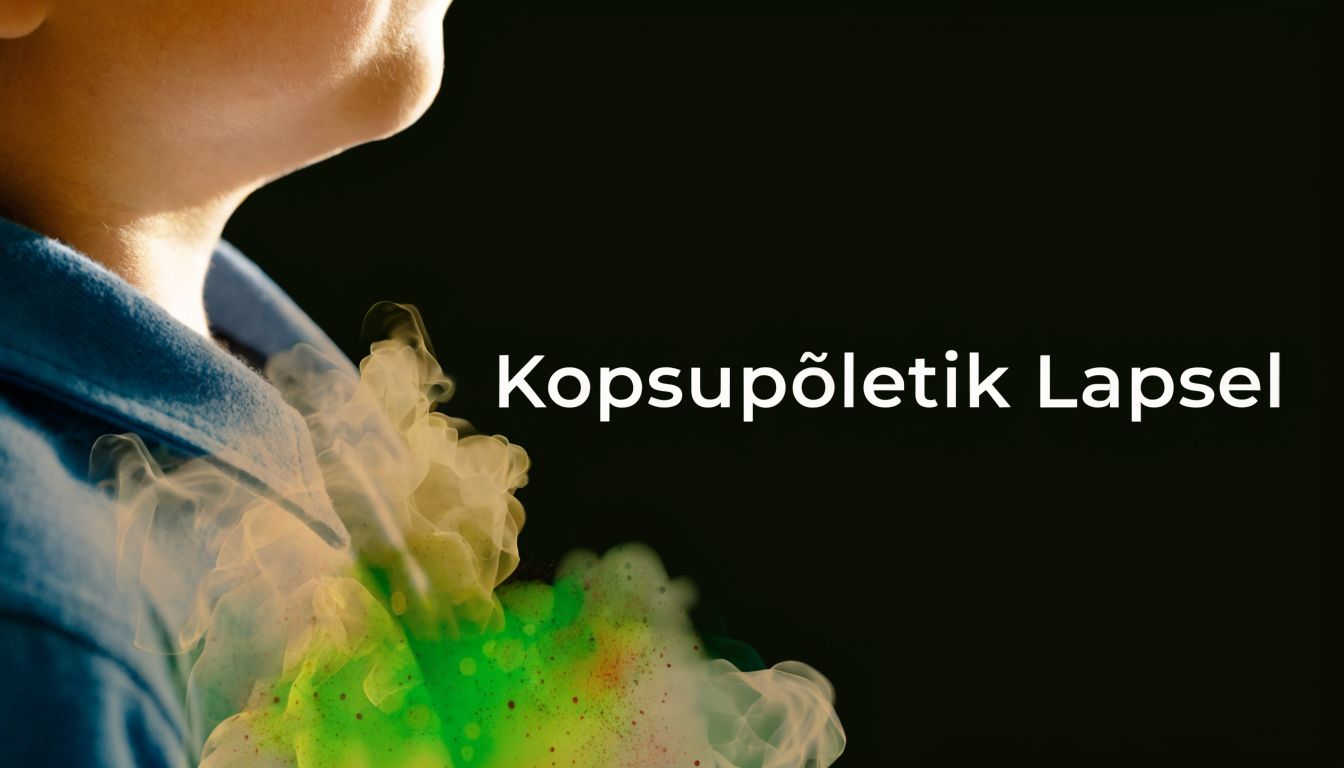 Laps kannatab kopsupõletiku sümptomite all, mida kujutab tema rinnal olev rohekas suitsune ja haigust sümboliseeriv pilv.
