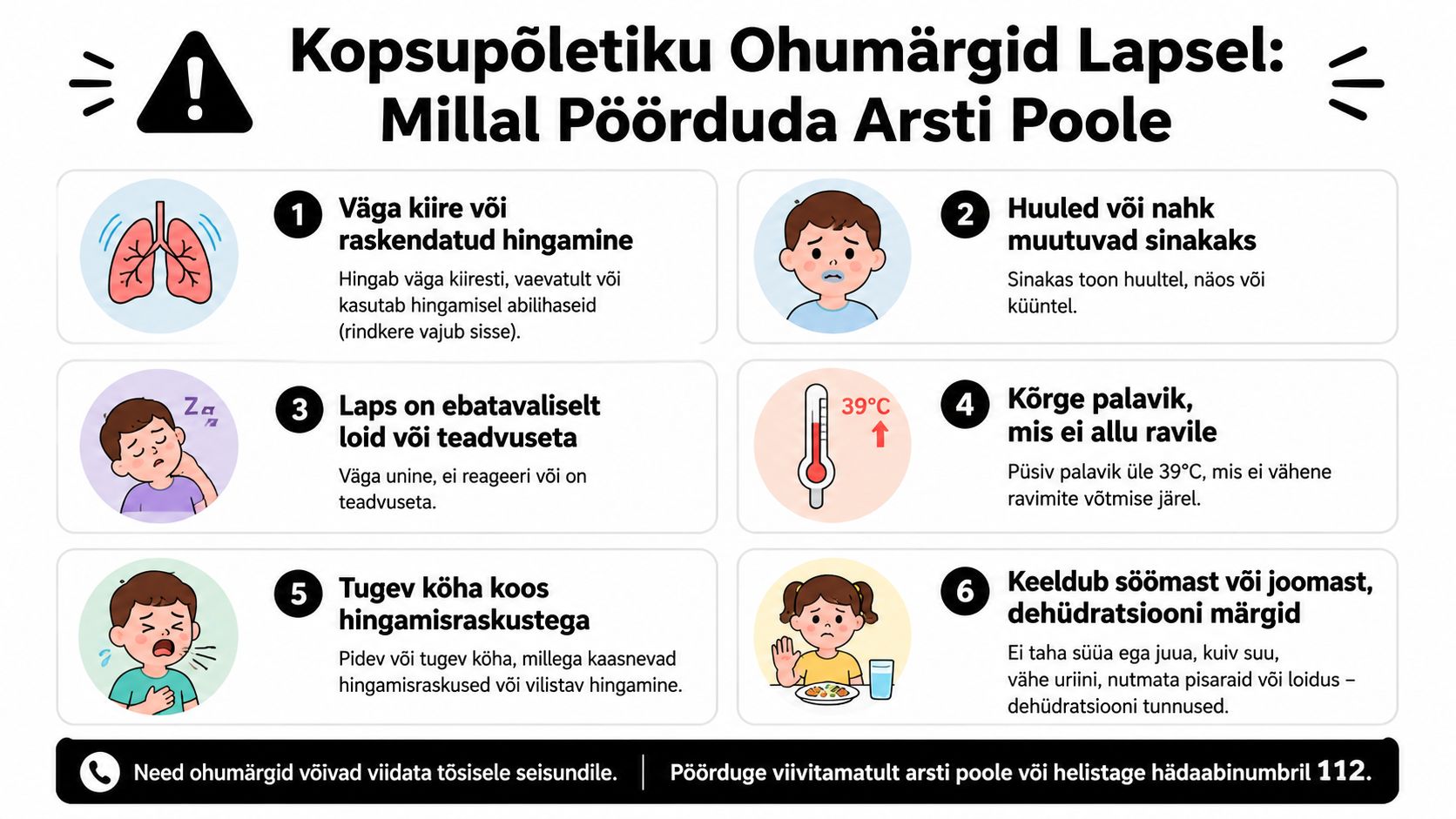 Infograafik kopsupõletiku ohumärkide kohta lapsel, mis selgitab, millal tuleks viivitamatult pöörduda arsti poole või helistada 112.