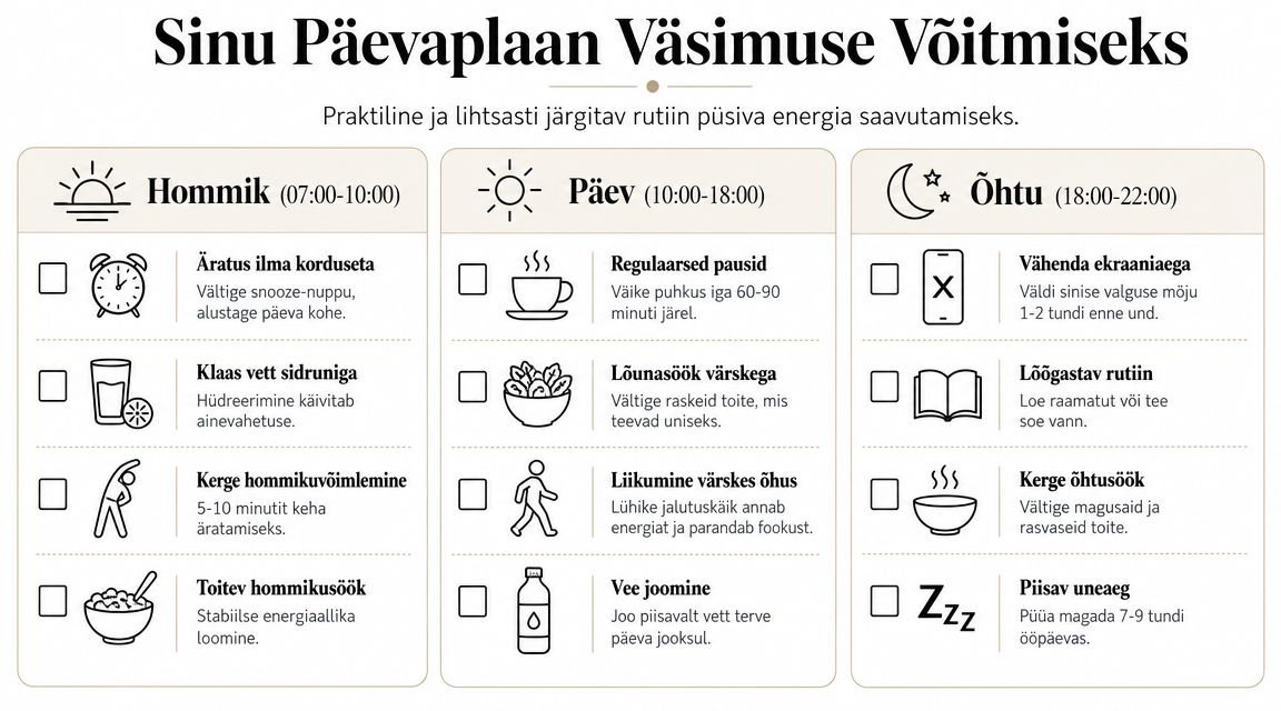 Graafiline päevaplaan koos juhistega tervislike harjumuste jaoks, mis aitavad väsimust vähendada ja energiataset tõsta.