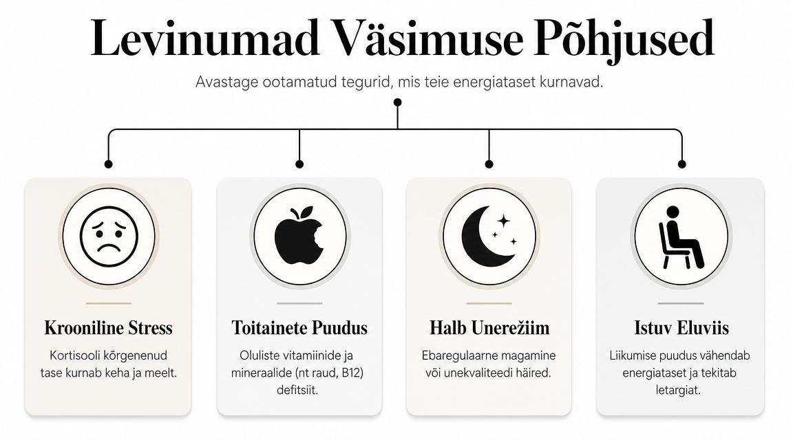 Infograafik esitab neli levinud väsimuse põhjust: krooniline stress, toitainete puudus, halb unerežiim ja istuv eluviis.