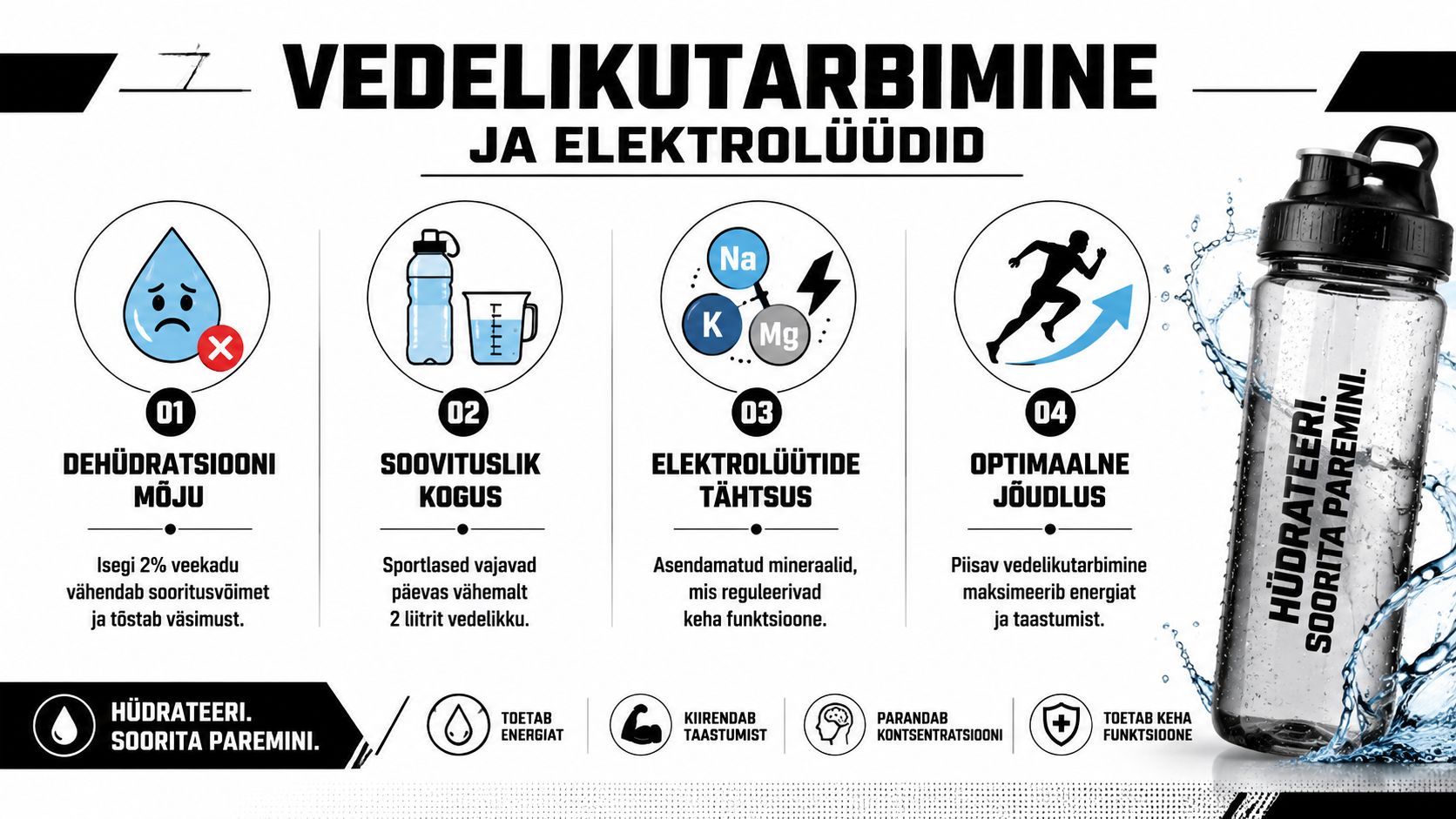 Infograafik sportlase vedelikutarbimise ja elektrolüütide tähtsuse kohta parema sooritusvõime ja taastumise tagamiseks.