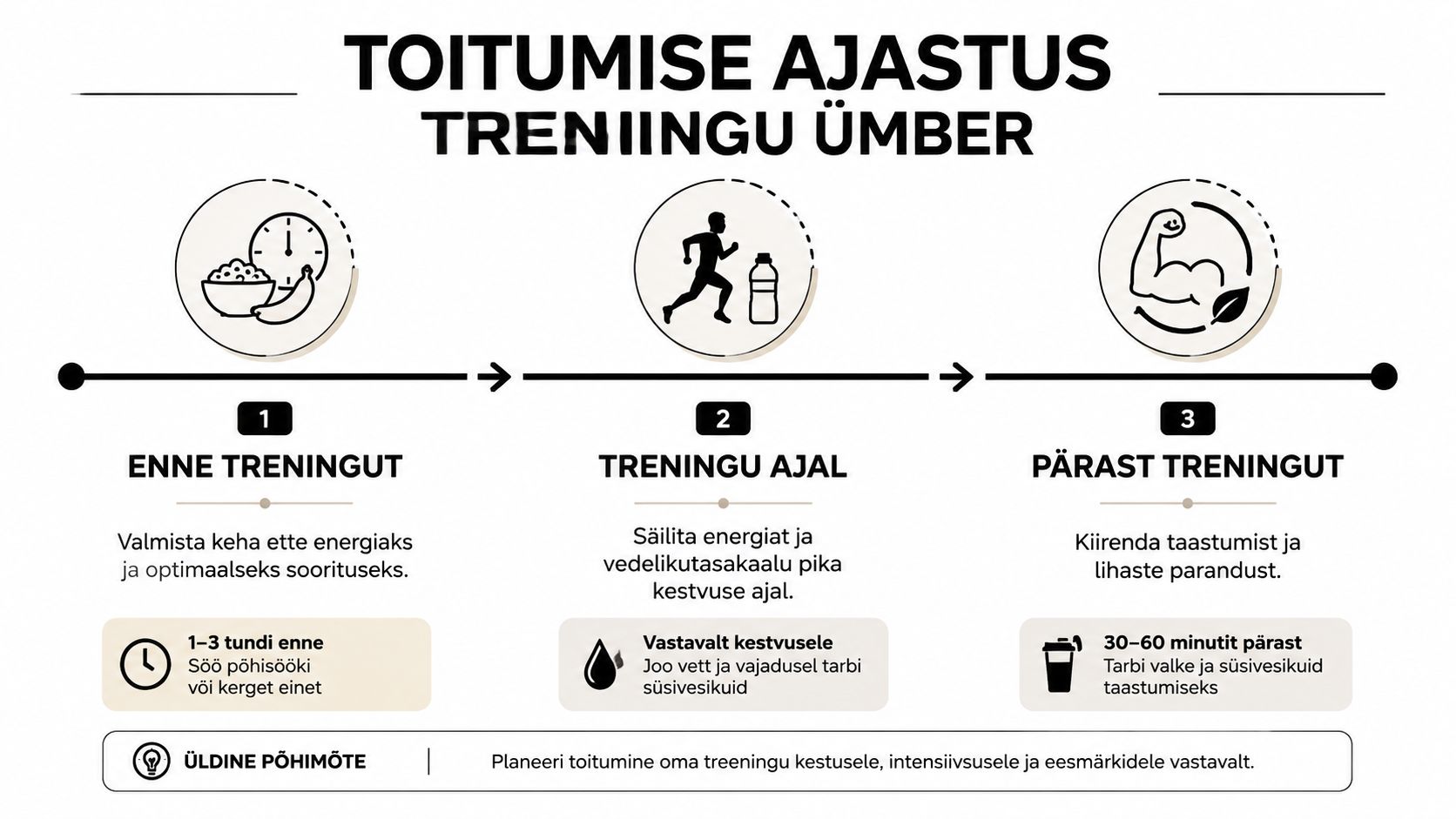 Infograafik toitumise ajastamise kohta enne, treeningu ajal ja pärast treeningut, et parandada sooritust ja taastumist.