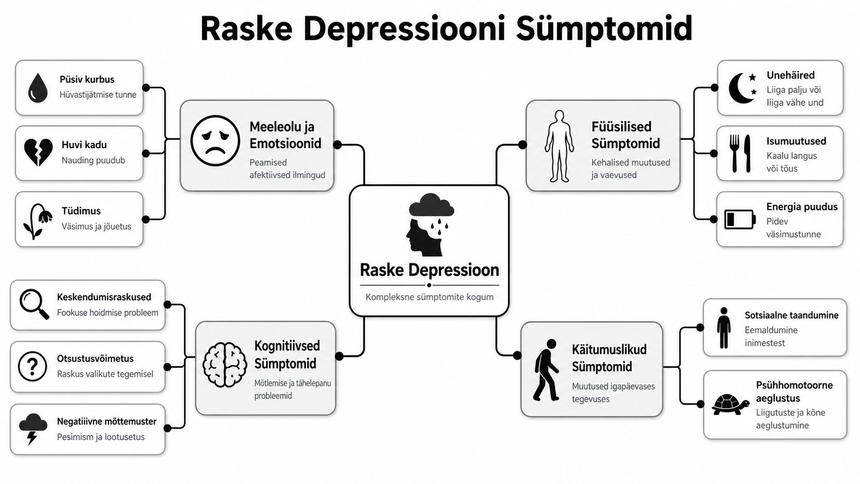 Skeem, mis selgitab raske depressiooni peamisi emotsionaalseid, füüsilisi, kognitiivseid ja käitumuslikke sümptomeid ning nende omavahelisi seoseid.