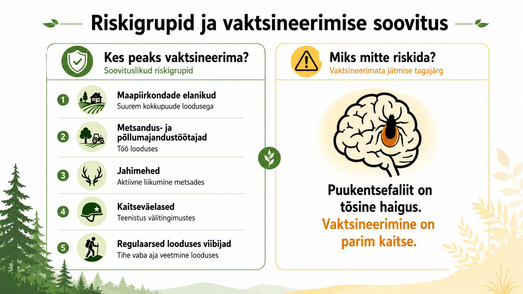 Infograafik riskigruppidest ja vaktsineerimise vajadusest puukentsefaliidi ennetamiseks, mis rõhutab looduses viibijate ohutust ja kaitsemeetmeid.