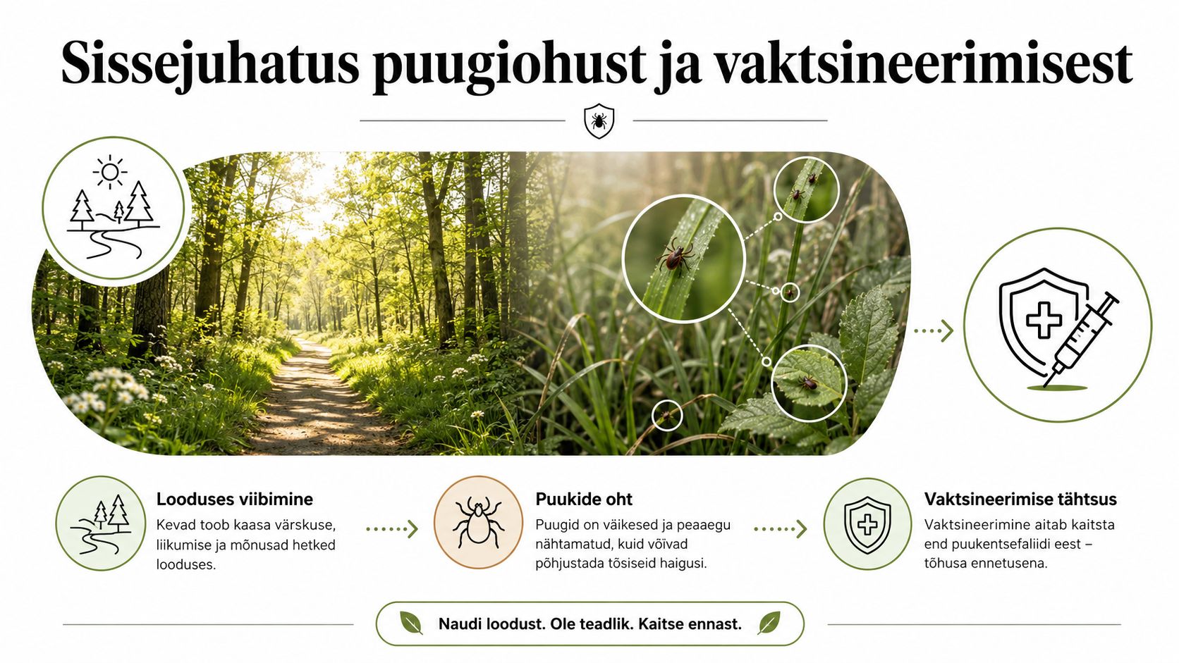 Infograafik selgitab puugiohtu looduses ja rõhutab puukentsefaliidi vastu vaktsineerimise tähtsust tervise kaitsmiseks.
