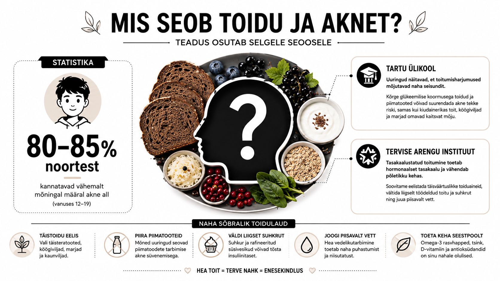 Infograafik selgitab seost toitumise ja akne vahel, soovitades tervislikku toitumist naha tervise parandamiseks ja akne vähendamiseks.
