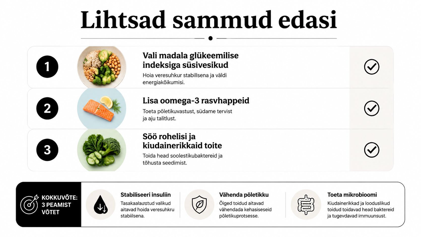 Infograafik tutvustab kolme tervisliku toitumise sammu, mis aitavad reguleerida veresuhkrut, vähendada põletikku ja toetada seedimist.