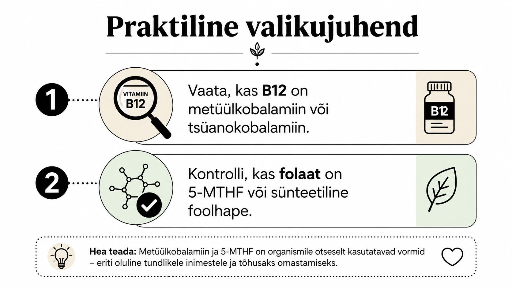 Praktiline valikujuhend B12-vitamiini ja folaadi vormide kontrollimiseks toidulisandite ostmisel tervisliku toitumise ja parema omastatavuse tagamiseks.
