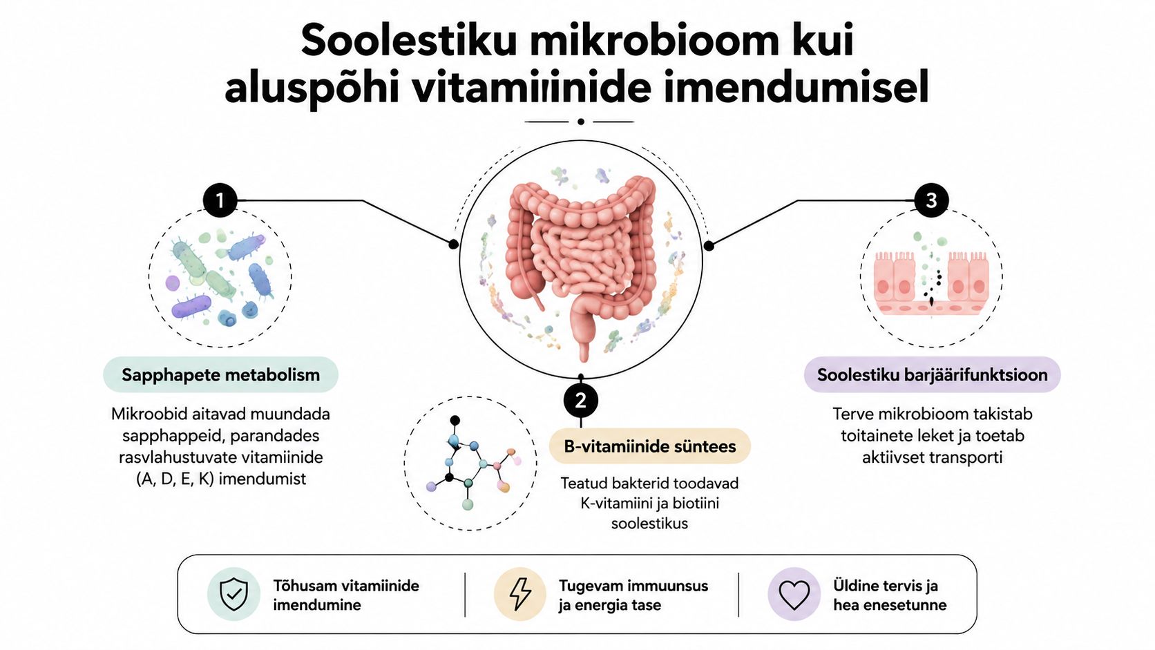 Skeemiline joonis, mis selgitab soolestiku mikrobioomi olulist rolli erinevate vitamiinide imendumisel ja üldise tervise toetamisel.