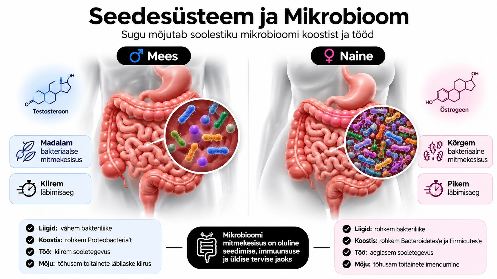 Graafiline võrdlus mehe ja naise seedesüsteemi ning mikrobioomi erinevustest hormoonide ja bakteriaalse mitmekesisuse põhjal.