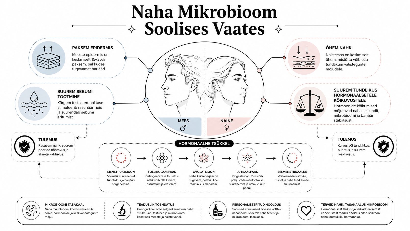 Infograafik selgitab meeste ja naiste naha mikrobioomi erinevusi, hormonaalsete tsüklite mõju ja naha hooldamise olulisust.