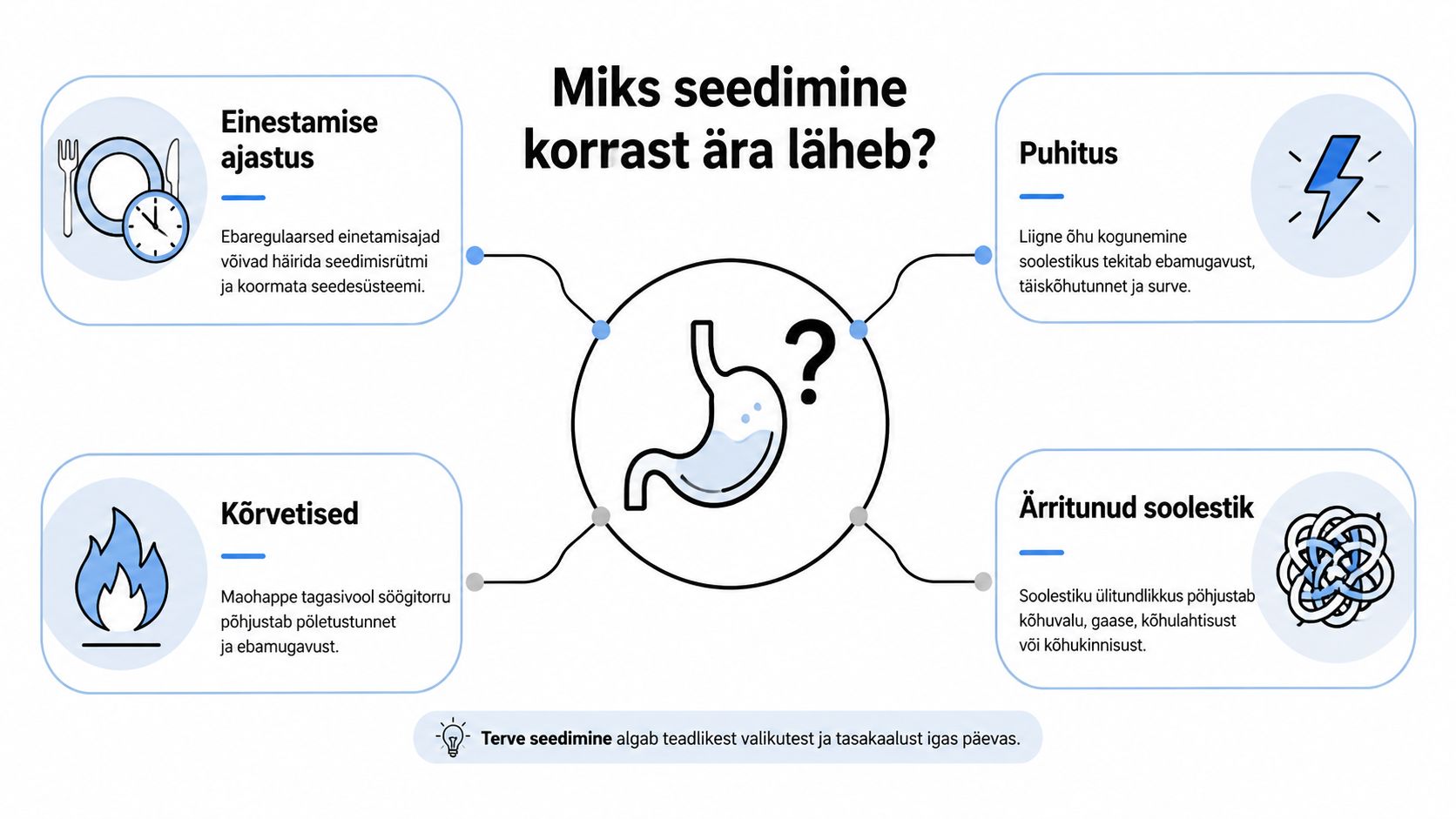Infograafik, mis selgitab seedimisprobleemide põhjuseid, nagu ebaregulaarsed toitumisajad, puhitus, kõrvetised ja ärritunud soolestik.