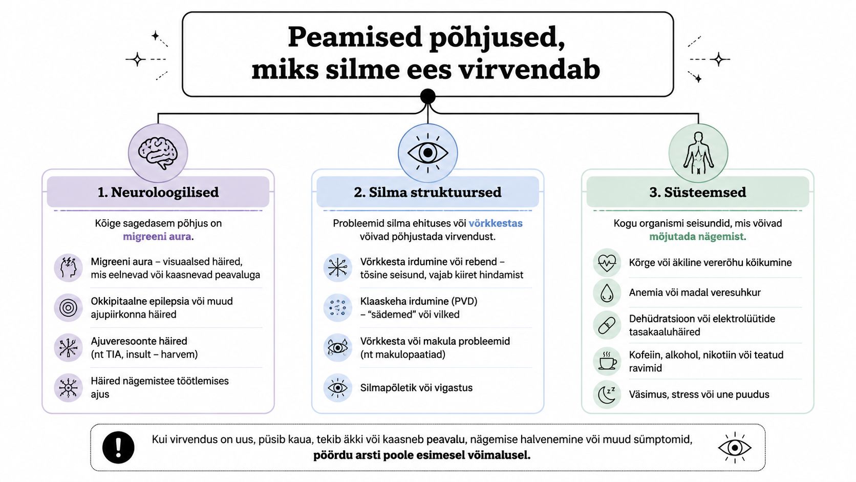 Infograafik selgitab peamisi põhjuseid, miks silmade ees virvendab, jagades need neuroloogilisteks, silma struktuurseteks ja süsteemseteks põhjusteks.