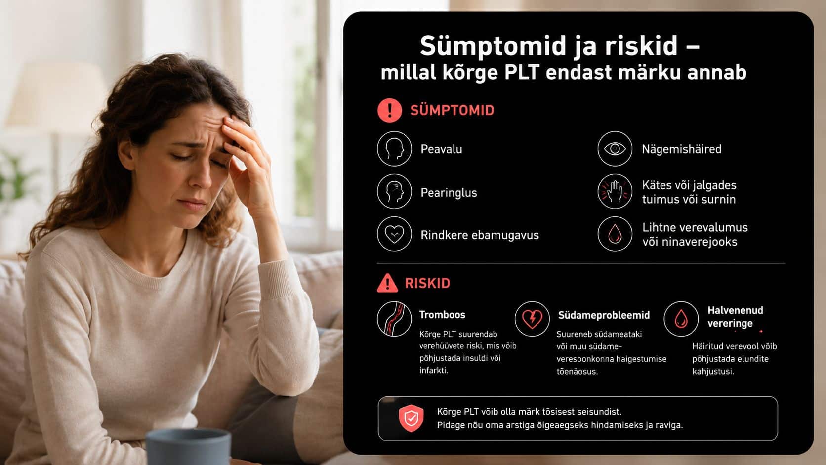 Infograafik kõrge vereliistakute taseme sümptomite ja terviseriskide kohta koos naisega, kellel on peavalu.