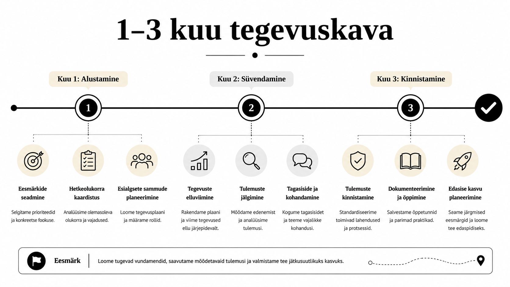 Kolmekuuline tegevuskava ettevõtte arendamiseks, mis kirjeldab etappe alustamisest kuni tulemuste kinnitamise ja edasise kasvu planeerimiseni.