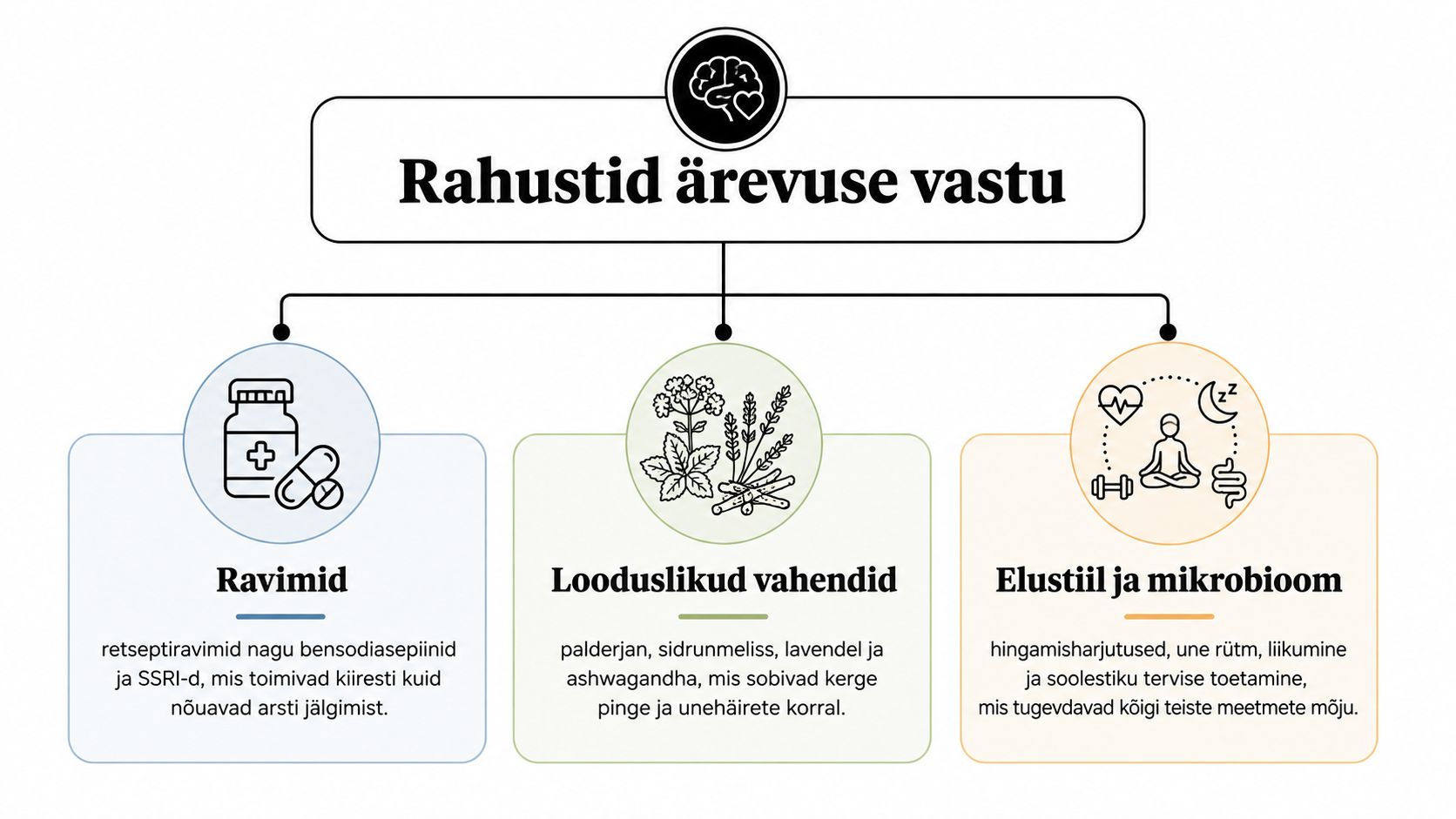 Infograafik esitab kolm lähenemist ärevuse leevendamiseks: ravimid, looduslikud vahendid ning elustiili ja mikrobioomi muutused.