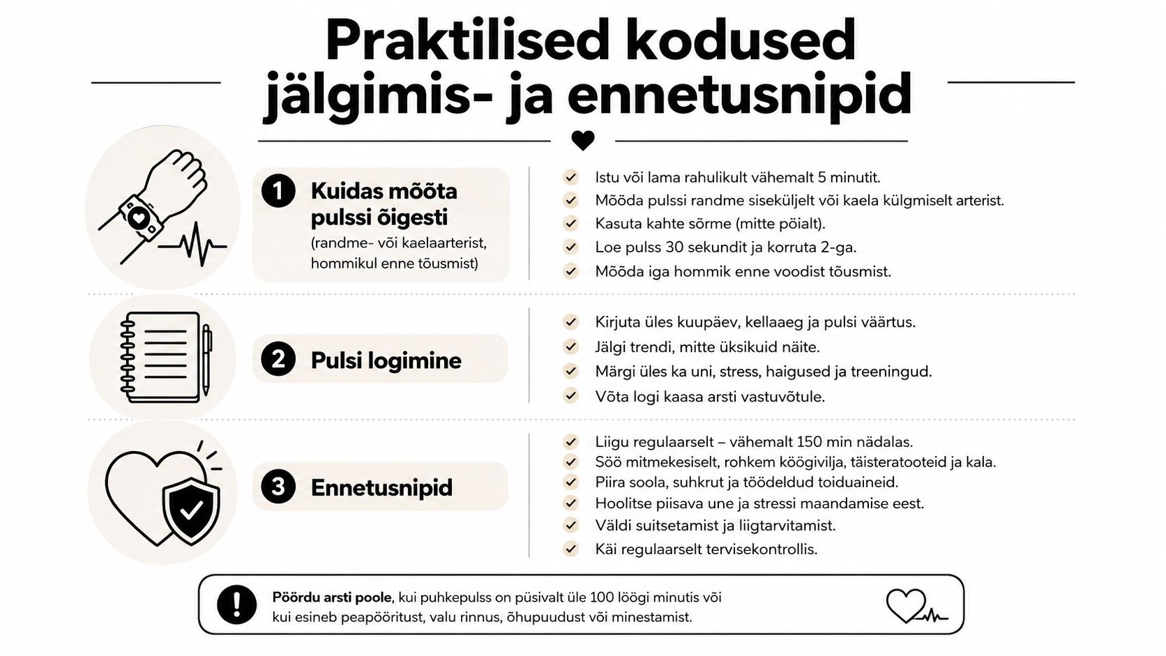 Praktiline juhend pulsi õigeks mõõtmiseks, logimiseks ning südame tervise ennetusnõuanded igapäevaelus kasutamiseks.
