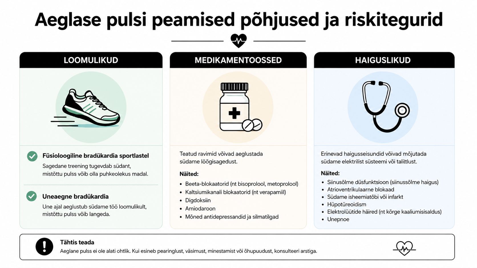 Infograafik selgitab aeglase pulsi ehk bradükardia peamisi loomulikke, medikamentoosseid ja haiguslikke põhjuseid ning riskitegureid.