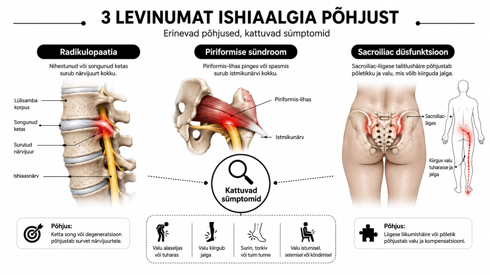 Infograafik selgitab kolme peamist ishiase ehk istmikunärvivalu põhjust: radikulopaatiat, piriformise sündroomi ja sakroiliakaalset düsfunktsiooni.