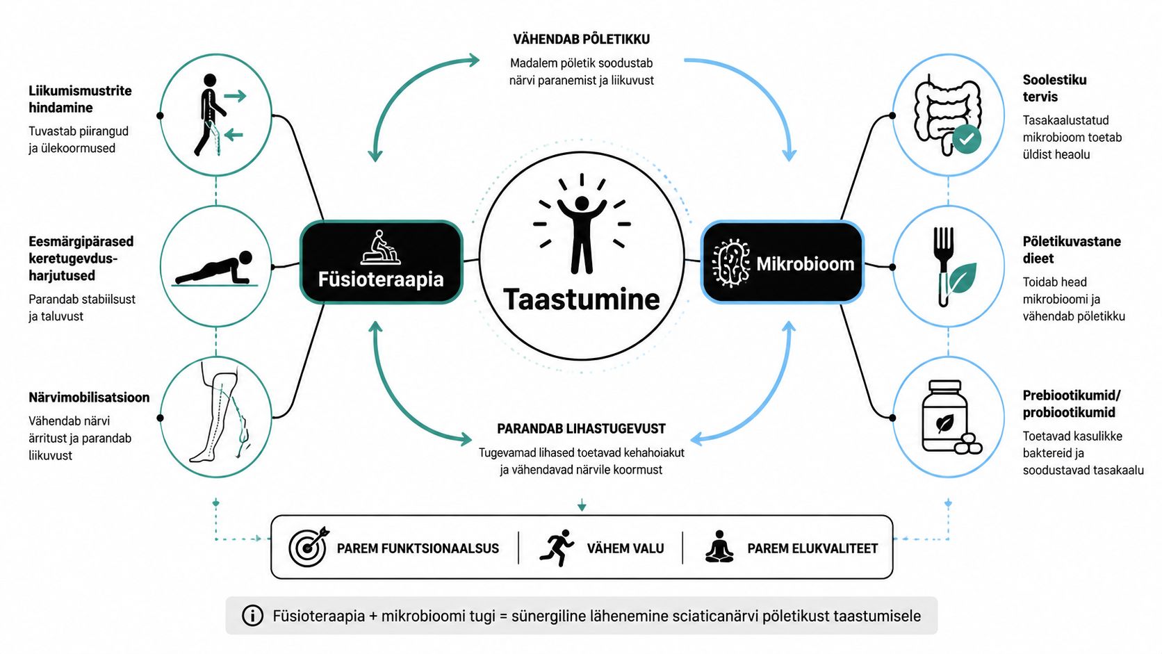 Skeemiline ülevaade füsioteraapia ja mikrobioomi toetamise sünergilisest mõjust istmikunärvi põletikust taastumisel ning elukvaliteedi parandamisel.