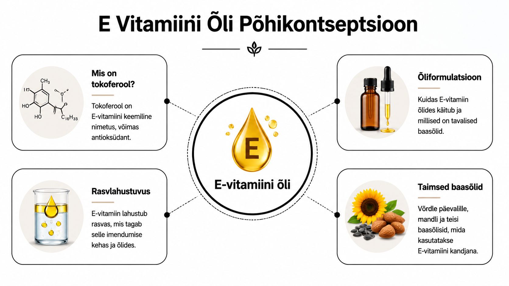 Infograafik selgitab E-vitamiini õli põhikontseptsioone, sealhulgas tokoferooli, rasvlahustuvust, õliformulatsioone ja erinevaid taimseid baasõlisid.