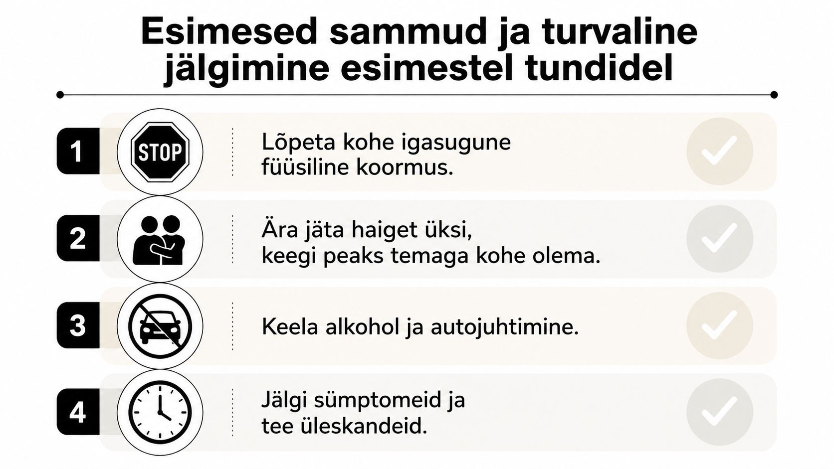 Juhend peapõrutuse järgseteks esimesteks tundideks: lõpeta füüsiline koormus, ära jäta haiget üksi ja jälgi sümptomeid.