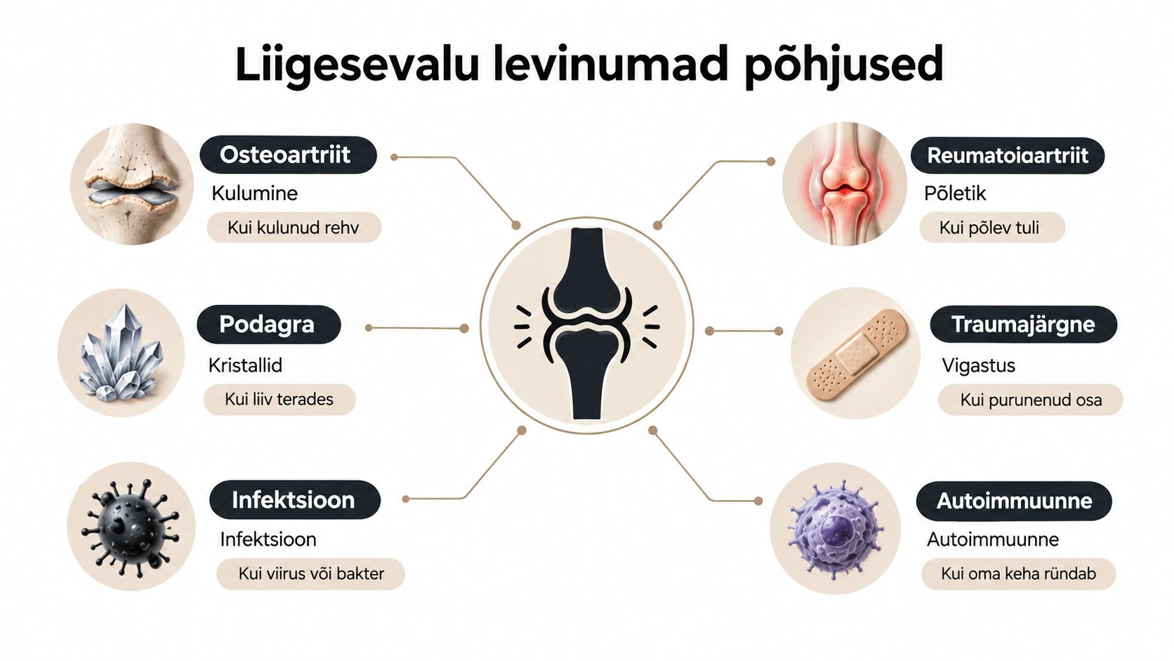 Infograafik selgitab liigesevalu levinumaid põhjuseid, sealhulgas osteoartriiti, reumatoidartriiti, podagrat, traumasid, infektsioone ja autoimmuunhaigusi.