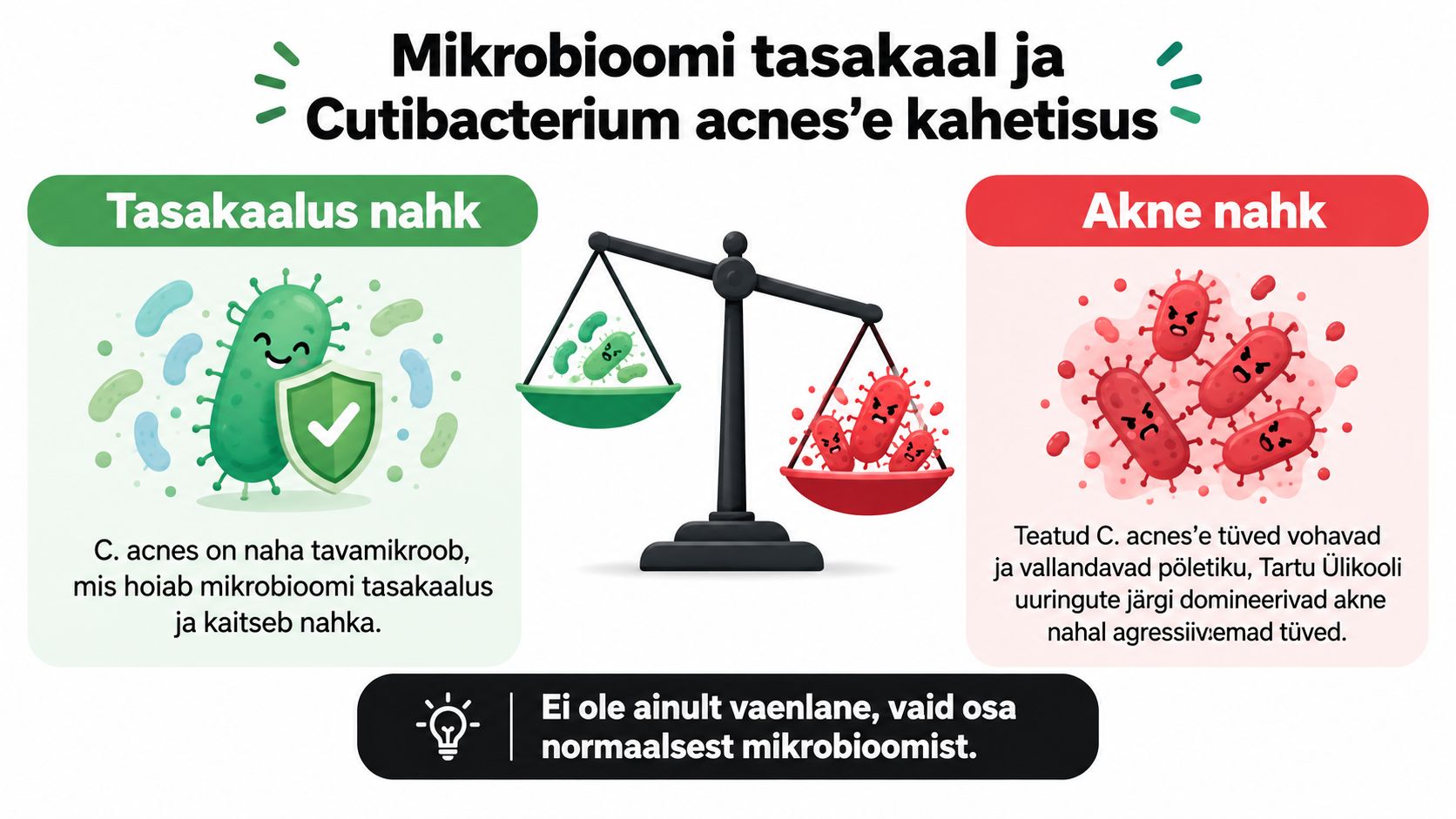 Graafiline selgitus, kuidas Cutibacterium acnes bakter aitab säilitada naha tasakaalu või põhjustab aknet vastavalt tüvele.