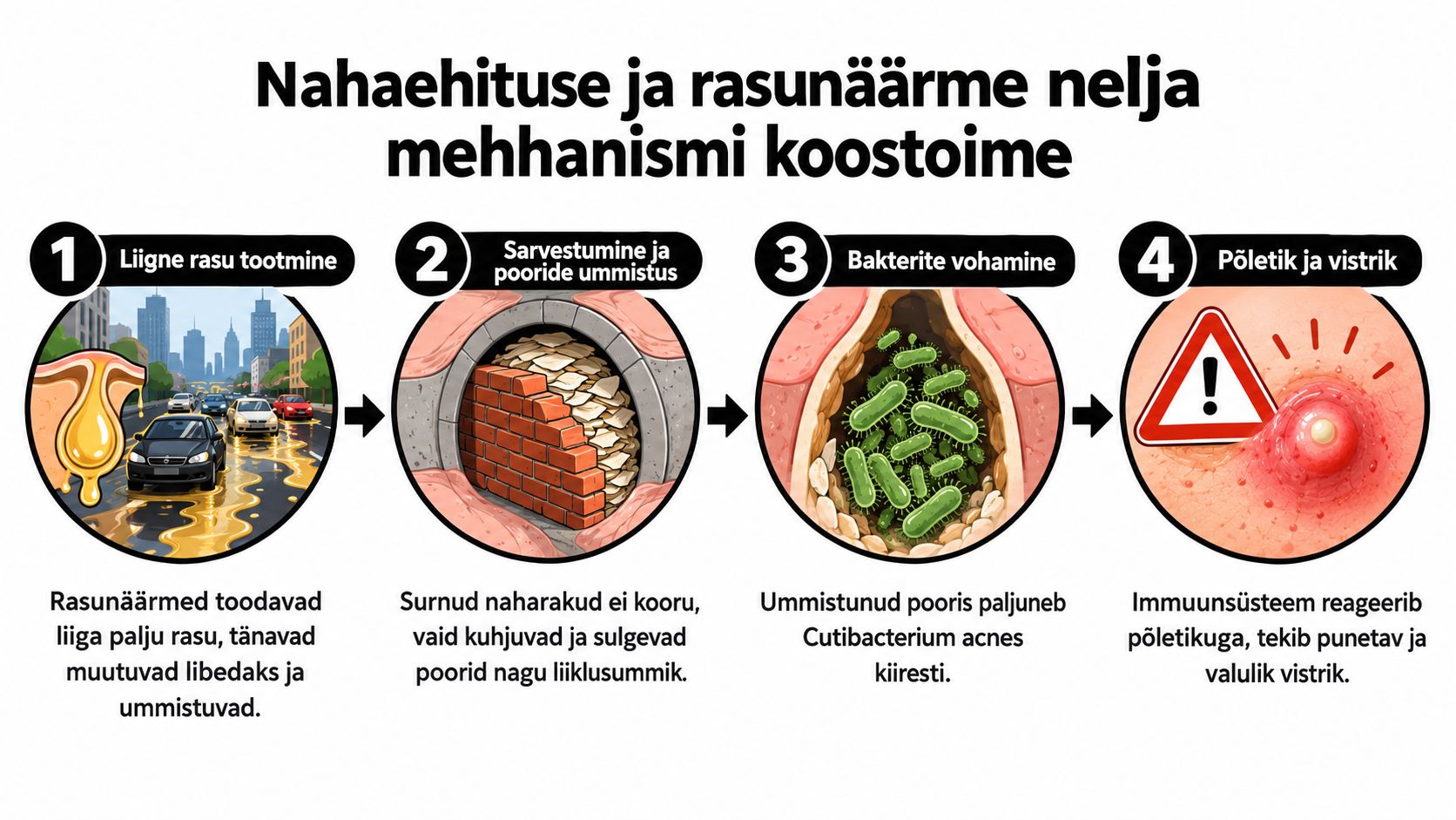 Graafiline selgitus akne tekkepõhjuste kohta: rasu tootmine, pooride ummistumine, bakterite paljunemine ja naha põletikuline reaktsioon.