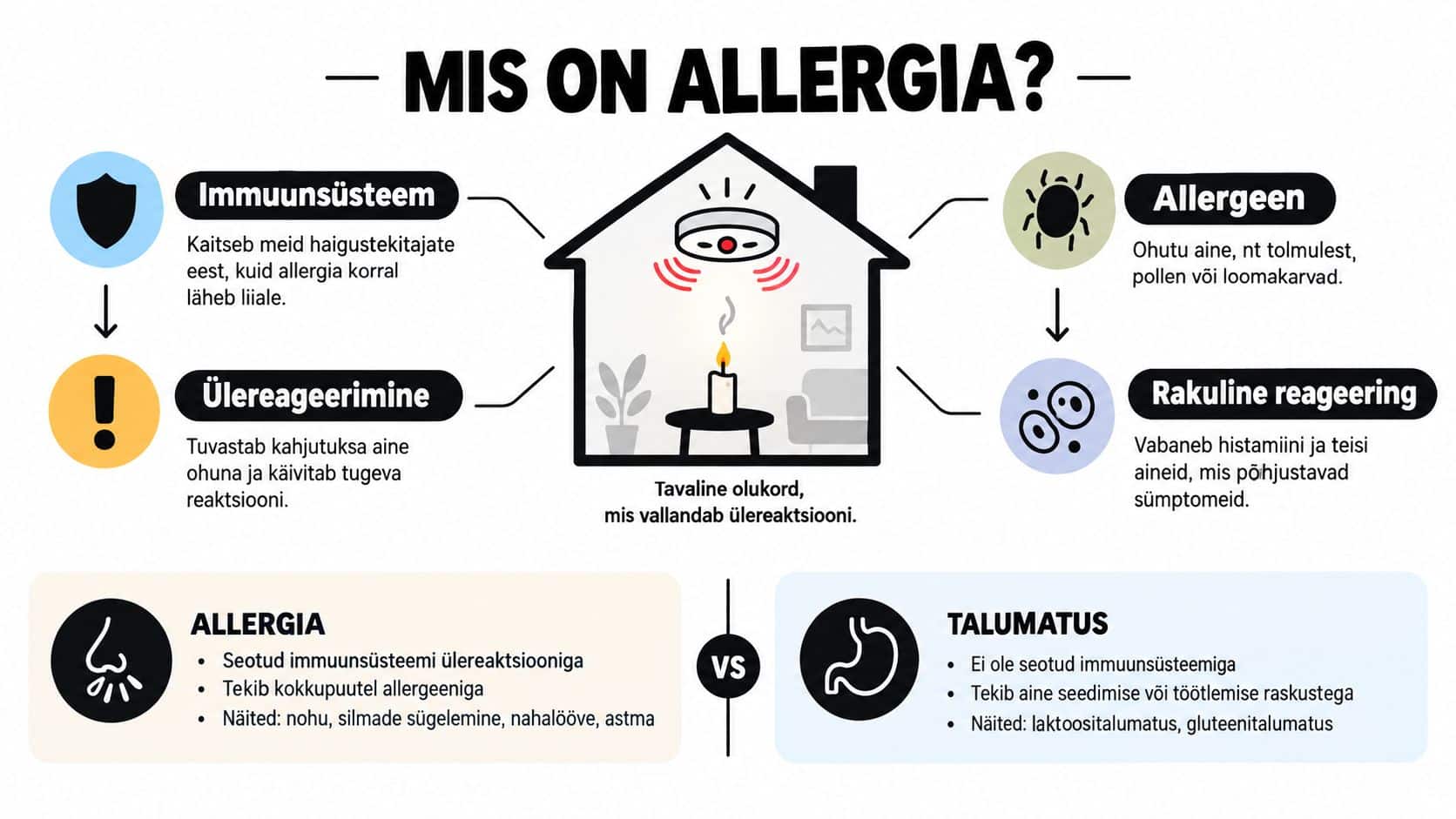 Infograafik, mis selgitab allergia ja talumatuse erinevusi, immuunsüsteemi reaktsioone ning allergia tekkepõhjuseid lihtsas ja arusaadavas vormis.