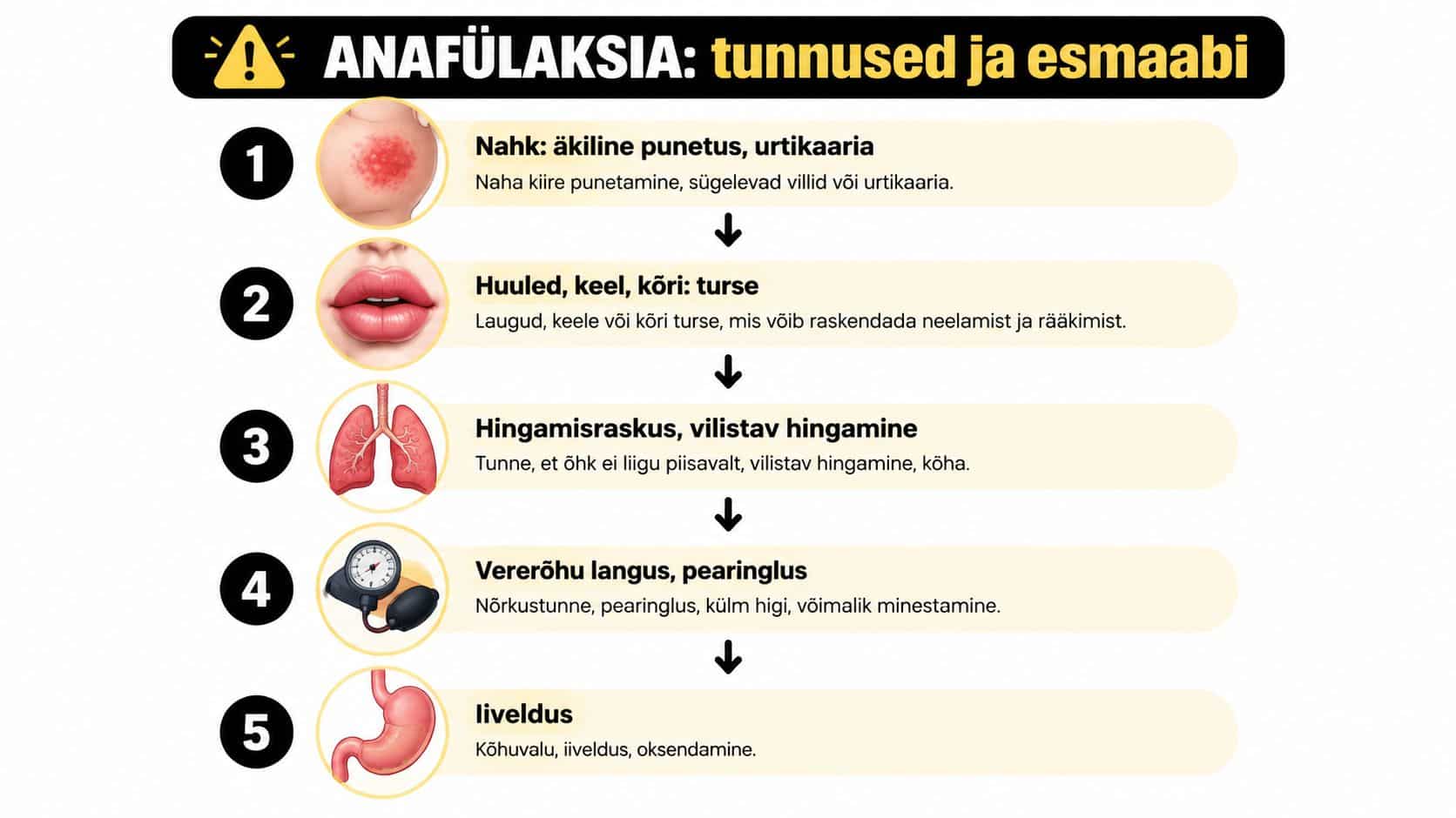 Anafülaksia peamised tunnused ja sümptomid nahaärrituse, turse, hingamisraskuste, vererõhu languse ja iivelduse korral esmaabi osutamiseks.