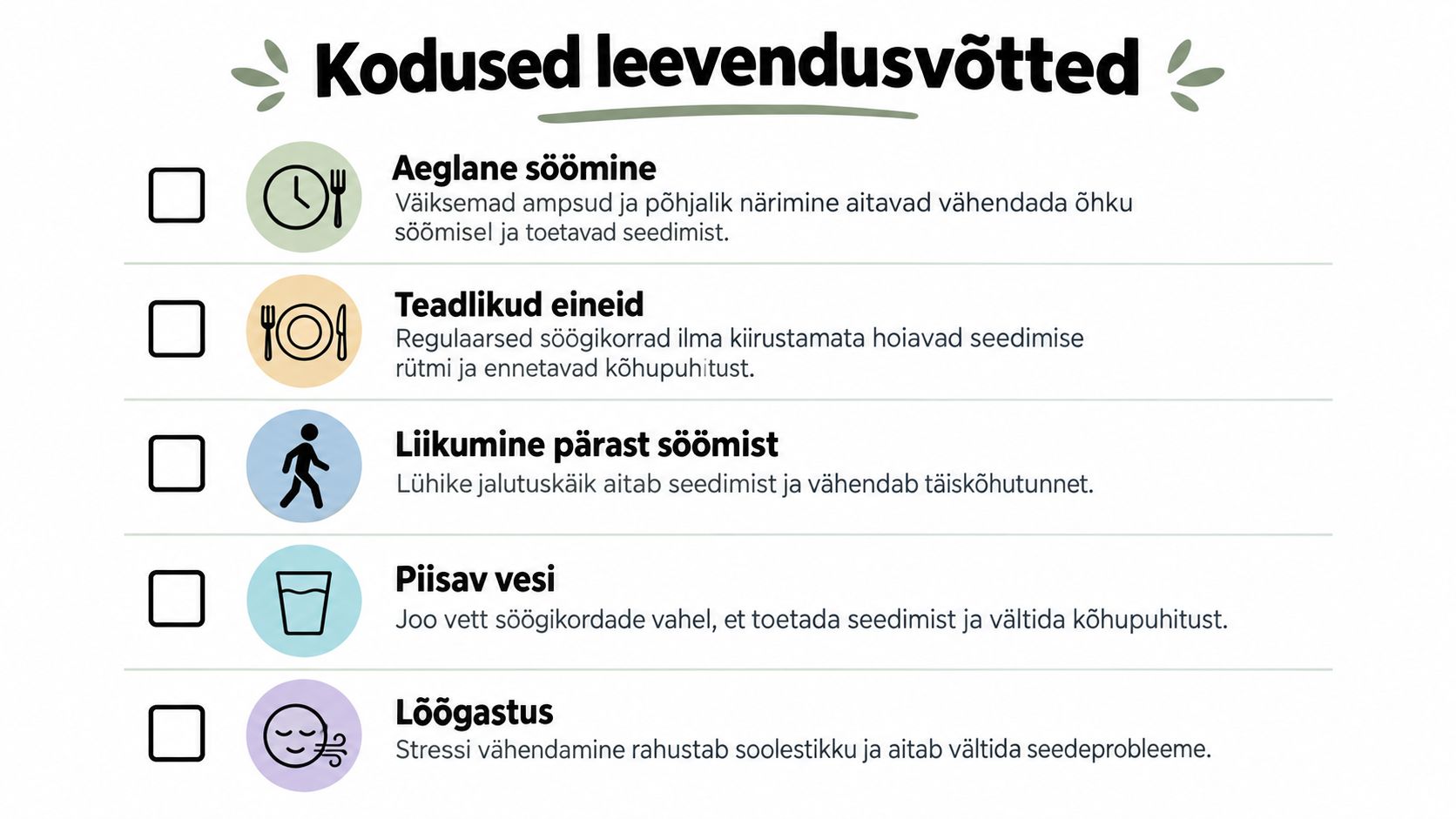 Nimekiri kasulikest kodustest leevendusvõtetest kõhupuhituse vähendamiseks ja seedeelundkonna toetamiseks igapäevaelus.