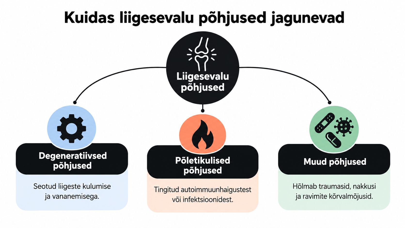 Skeem, mis selgitab liigesevalu erinevaid põhjuseid, sealhulgas degeneratiivsed, põletikulised ning muud tervislikud tegurid.