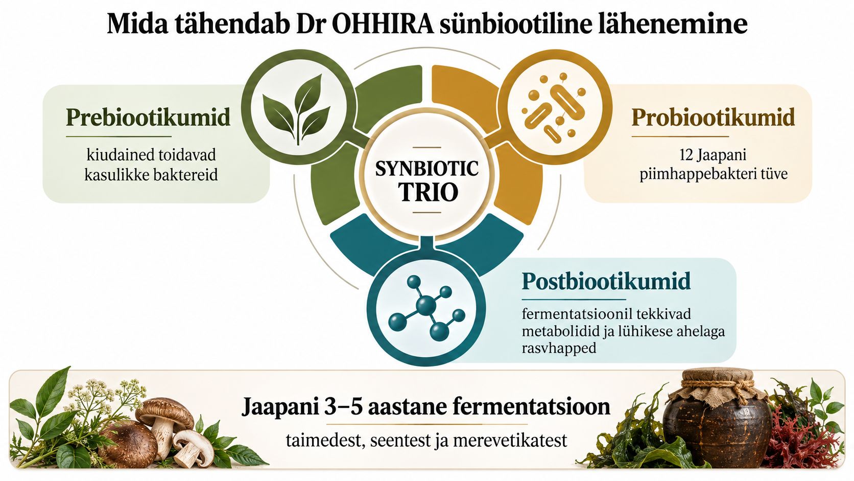 Skeem, mis selgitab Dr. Ohhira sünbiootilist lähenemist, ühendades prebiootikumid, probiootikumid ja postbiootikumid kolmeaastase Jaapani fermentatsiooniprotsessiga.