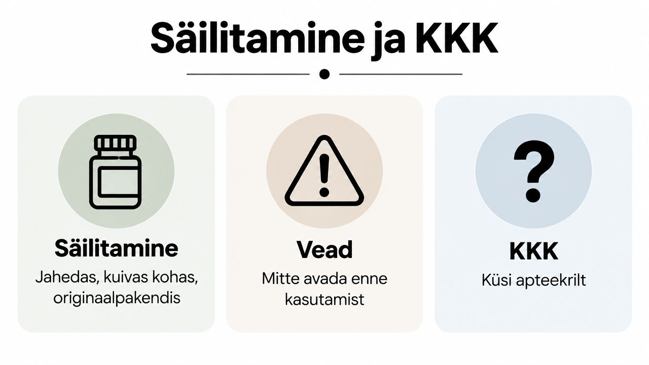 Juhend probiootikumide säilitamiseks, vigade vältimiseks ja lisaküsimuste korral apteekriga konsulteerimiseks selges visuaalses vormingus.