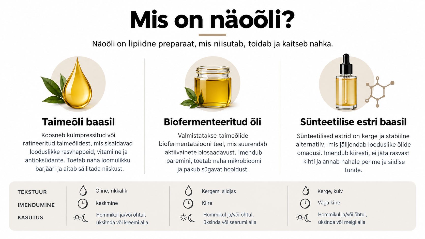Infograafik selgitab erinevaid näoõlide tüüpe, nende koostist, tekstuuri, imendumist ja kasutamissoovitusi igapäevases nahahoolduses.