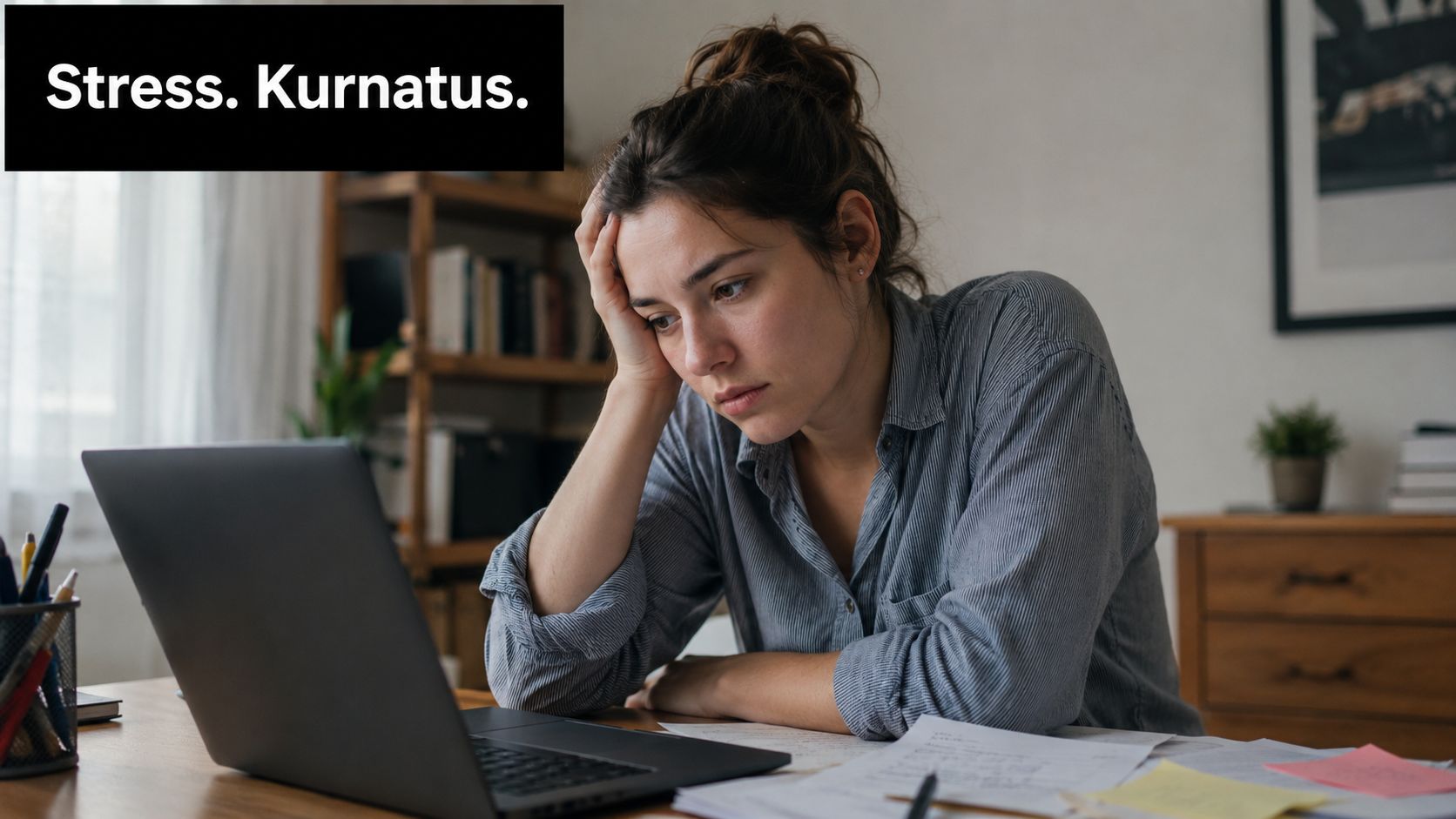 Naine istub stressis sülearvuti taga töölaua taga ja hoiab murelikult oma pead käega.