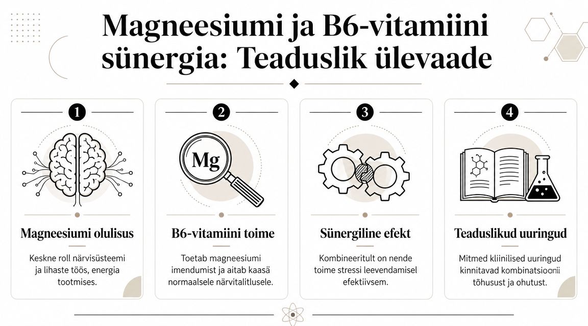 Infograafik selgitab magneesiumi ja B6-vitamiini sünergilist mõju närvisüsteemi toetamiseks, stressi leevendamiseks ja tõestatud kliiniliste uuringute kaudu.