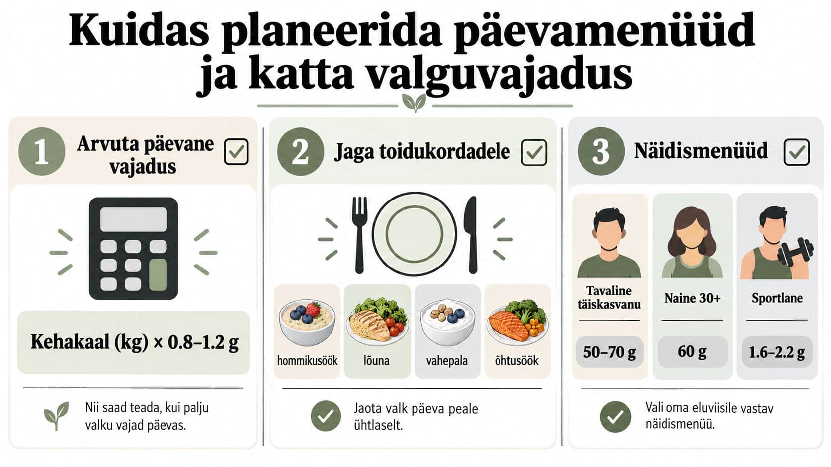 Infograafik selgitab, kuidas arvutada päevast valguvajadust, jagada seda toidukordade vahel ja valida sobiv näidismenüü.