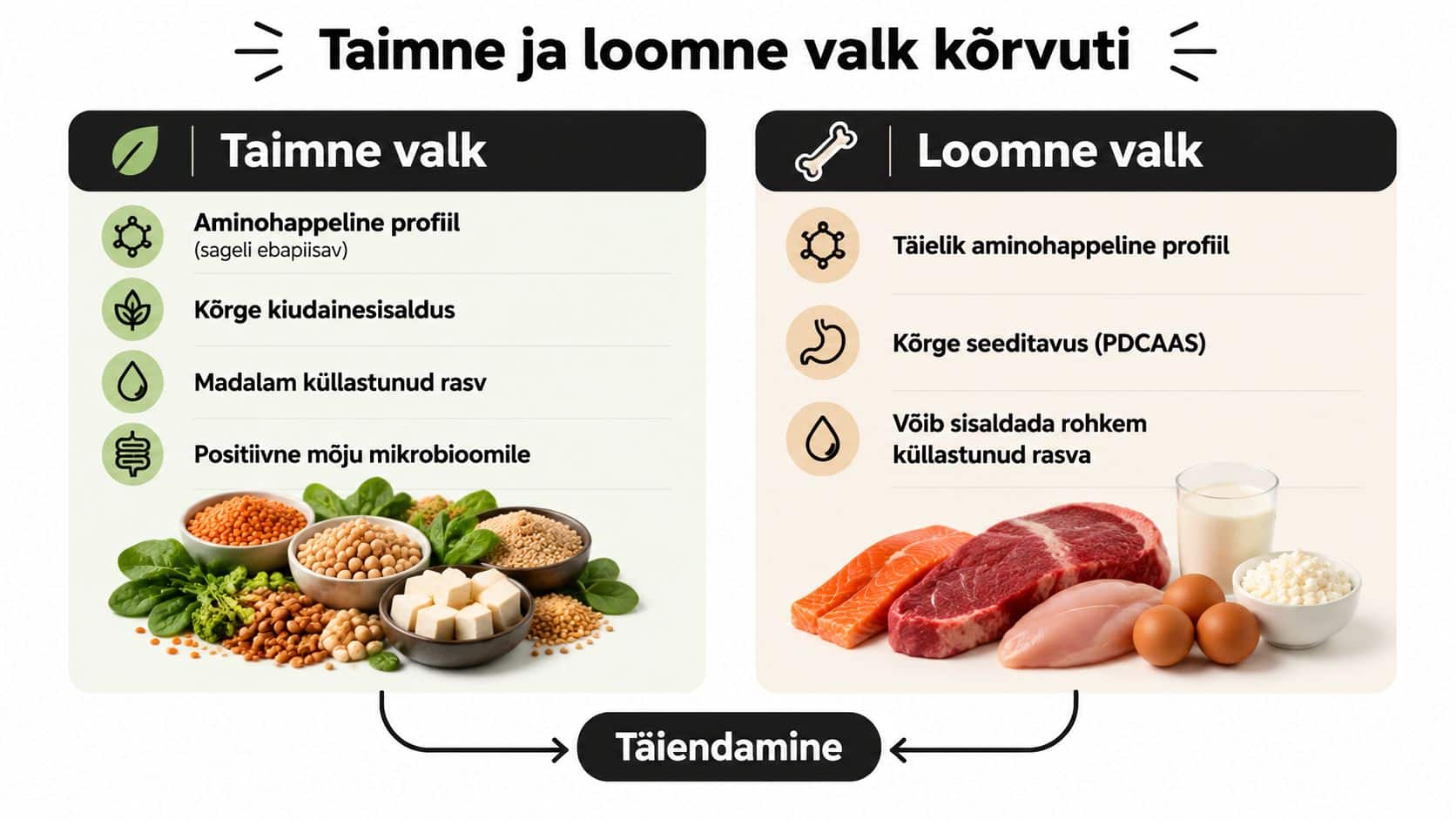 Võrdlev infograafik taimse ja loomse valgu erinevuste, nende omaduste ning täiendamise vajalikkuse kohta toitumises.