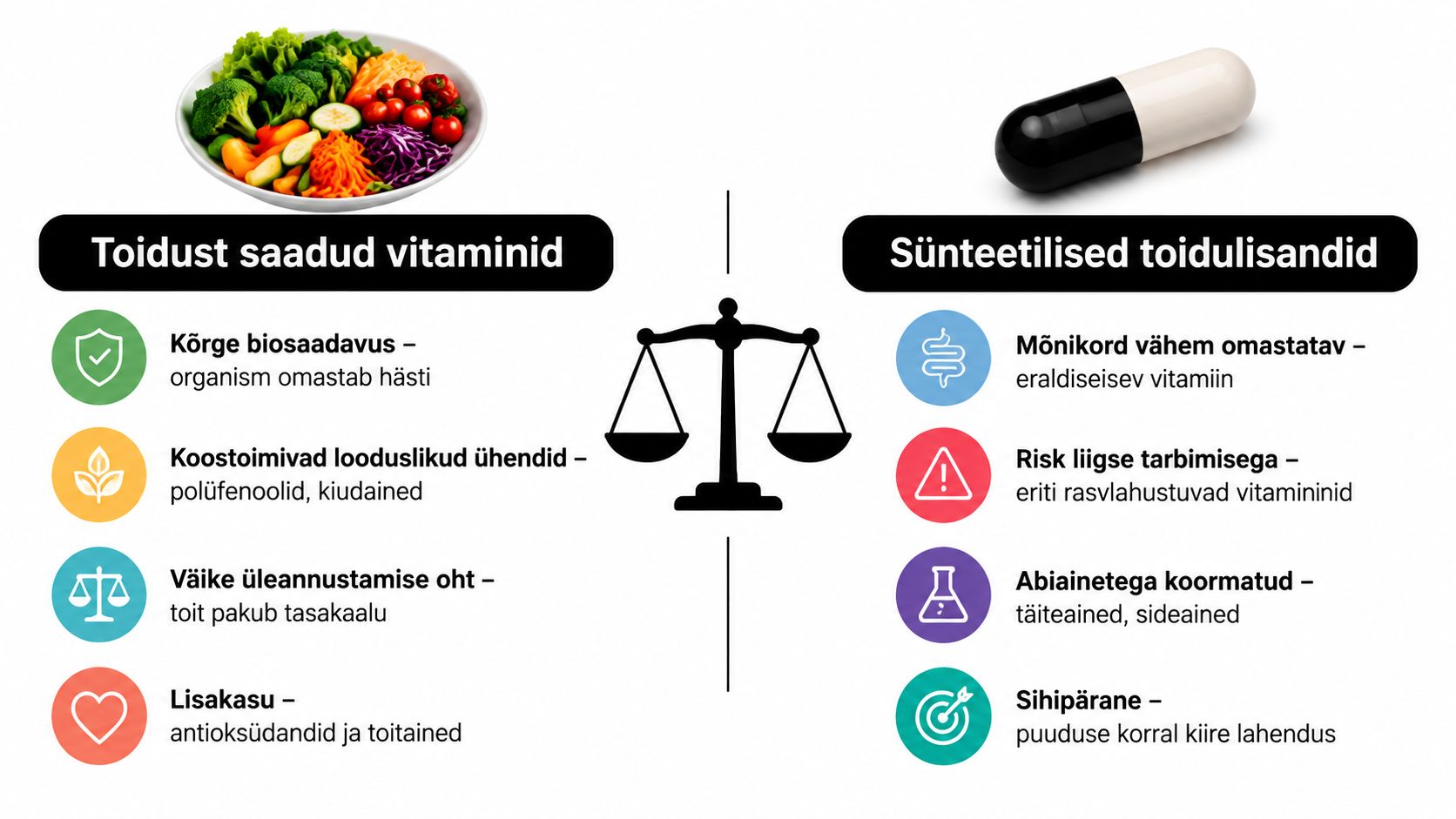 Võrdlev infograafik, mis näitab toidust saadud vitamiinide ja sünteetiliste toidulisandite erinevusi ja omadusi tervise kontekstis.