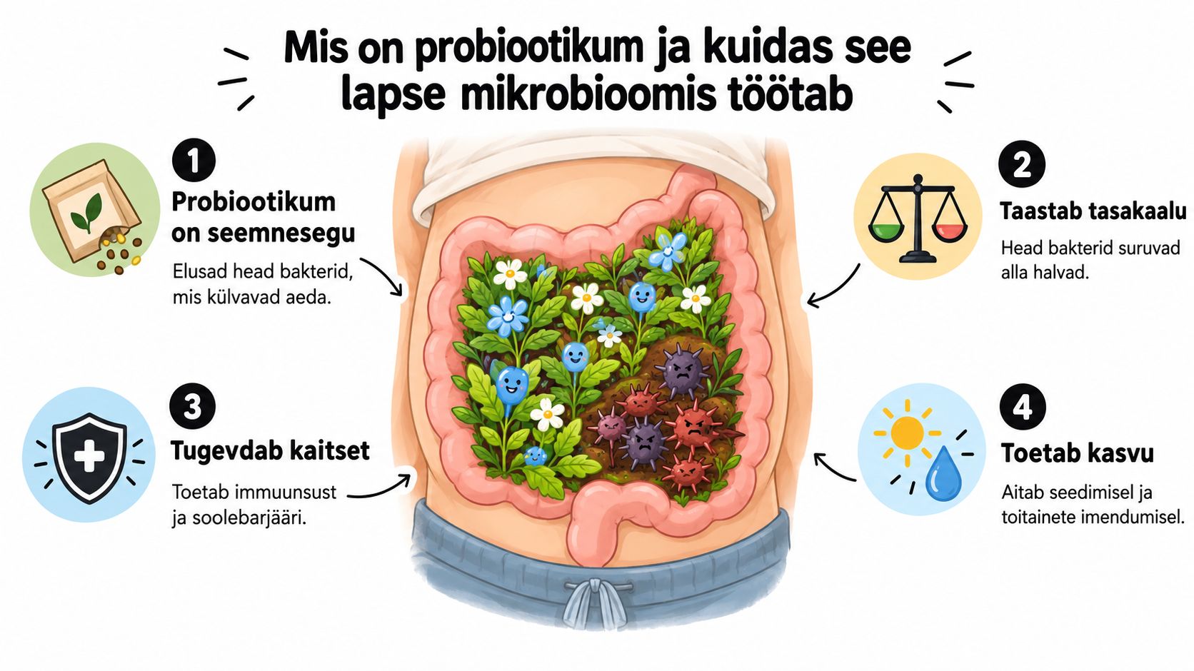 Infograafik selgitab, kuidas probiootikumid toetavad lapse soolestiku mikrobioomi tasakaalu, immuunsust ja seedimist läbi nelja erineva etapi.