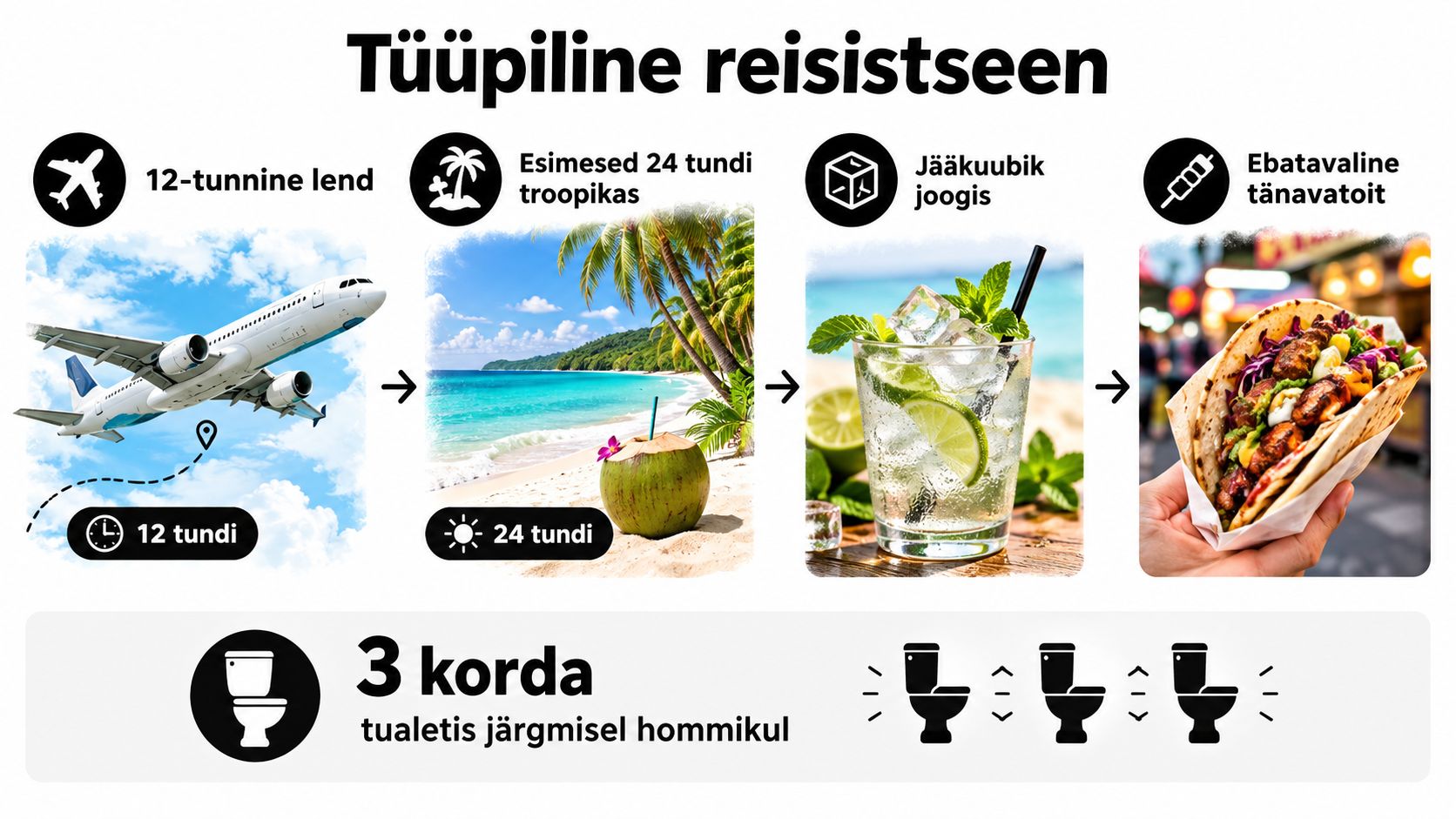 Infograafik näitab reisimisega seotud seedeprobleemide tekkimist alates lennureisist kuni tervisemuredest tingitud sagedaste tualetikülastusteni järgmisel hommikul.