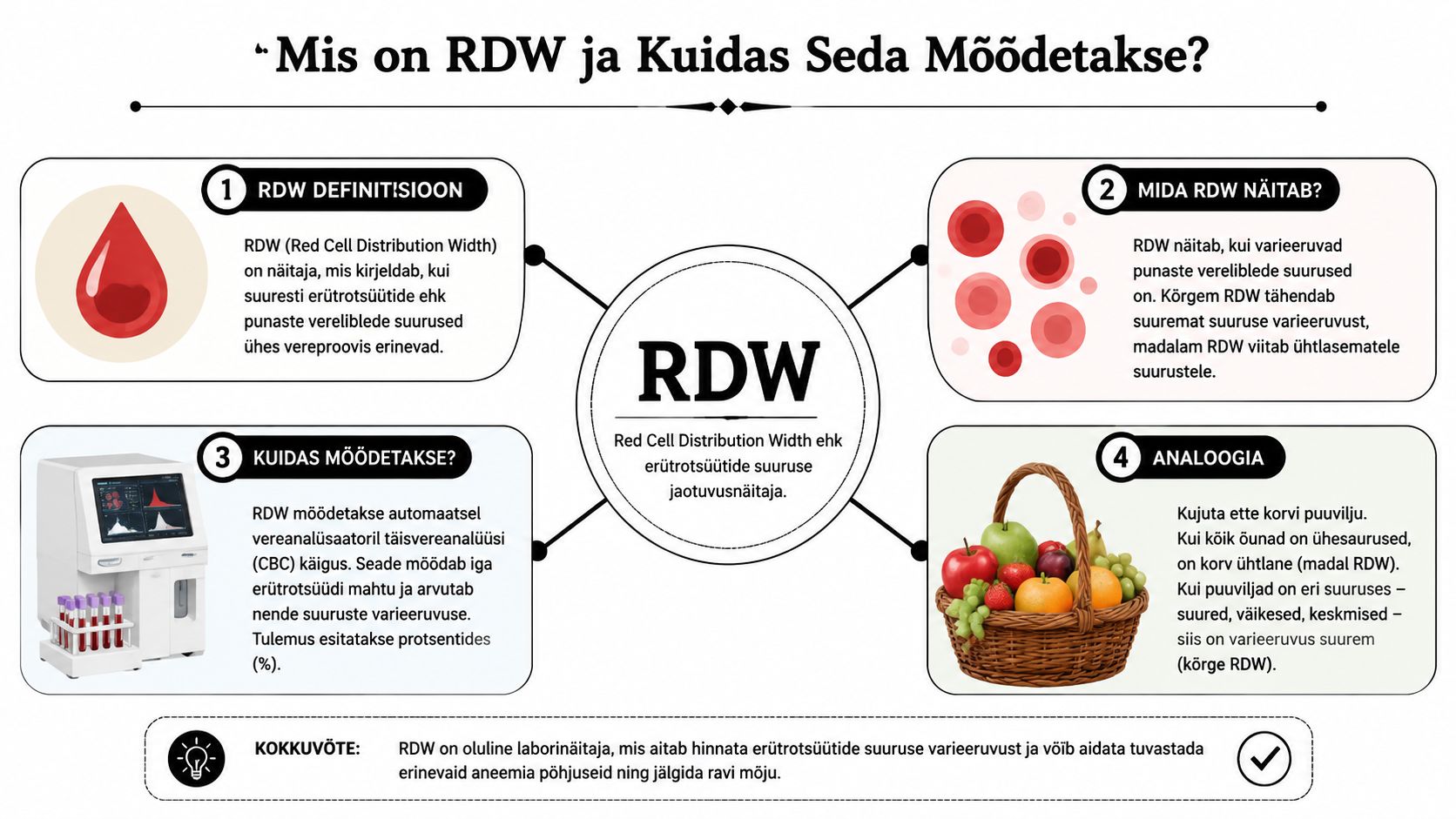Infograafik, mis selgitab RDW ehk erütrotsüütide suuruse jaotuvuse näitajat, selle mõõtmist ja selle tähendust vereanalüüsis.